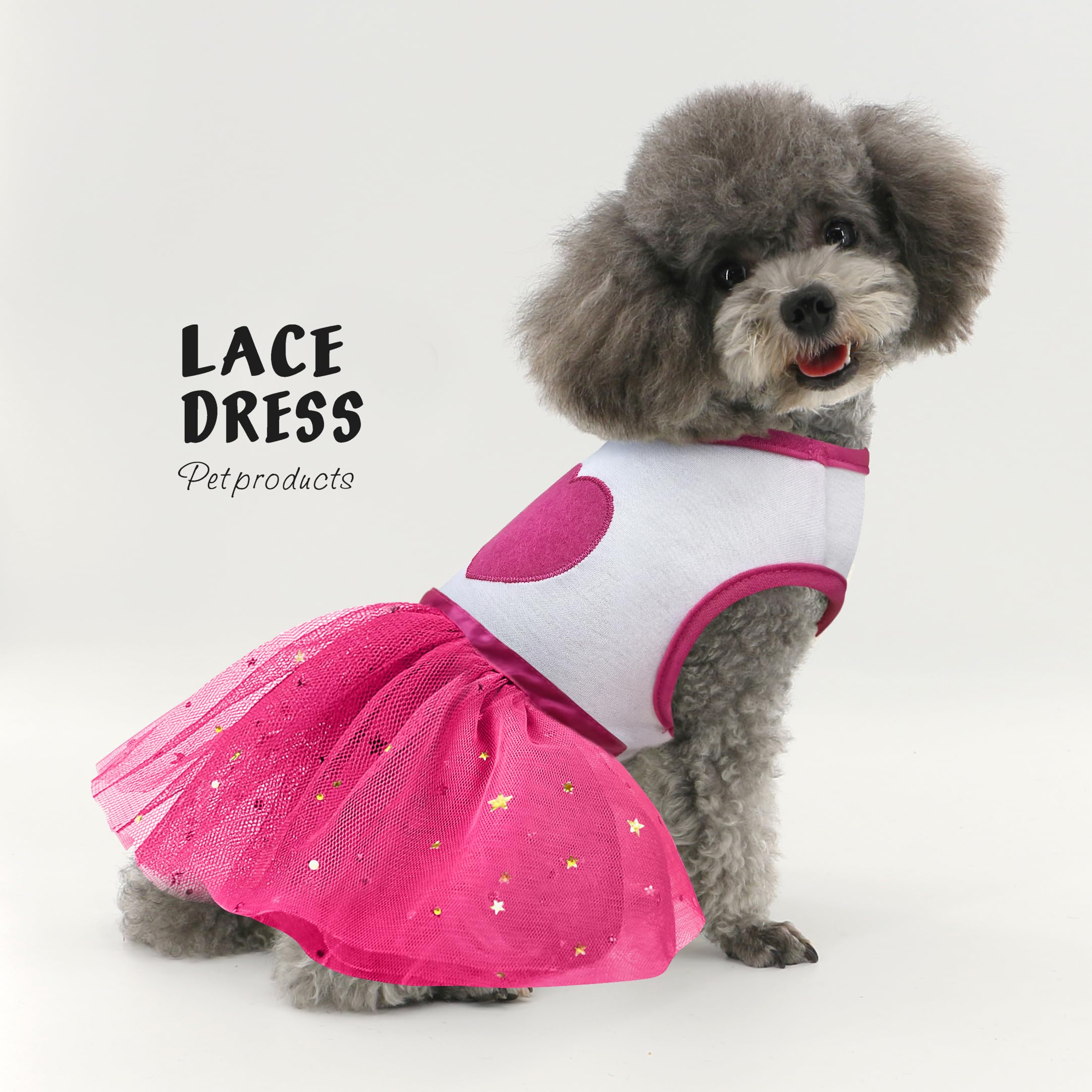 Idepet Spring Summer Pet Dog Cat Puppy Tutu Princess Dress Heart Printed Lace Dog Skirt Pet Apparel Dog Dress (Rose Red, M)