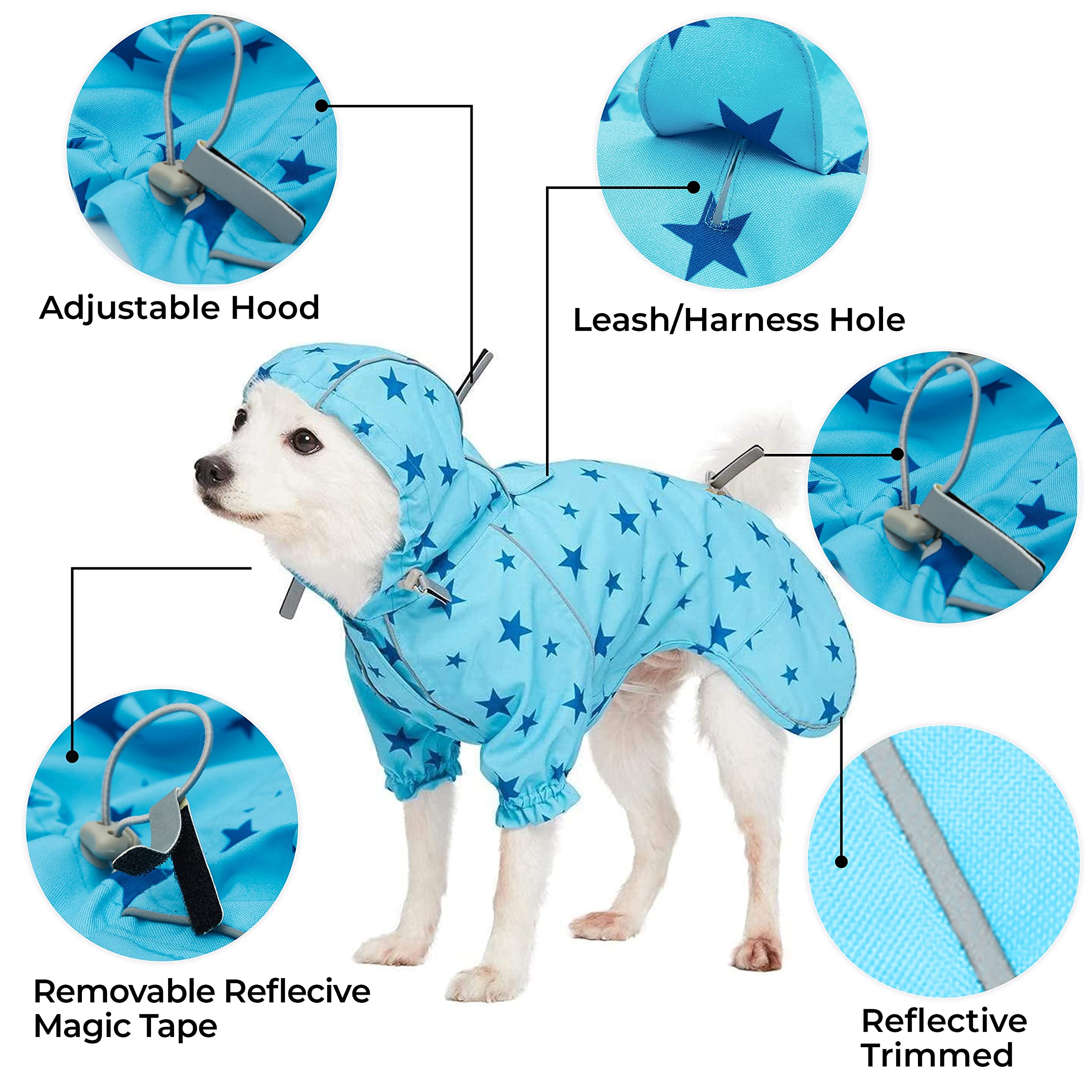 Blueberry Pet 14" Waterproof Dog Raincoat with Hood, Reflective, Blue Star Prints, 2 Legs, Model BBPDRCTS00004BL14