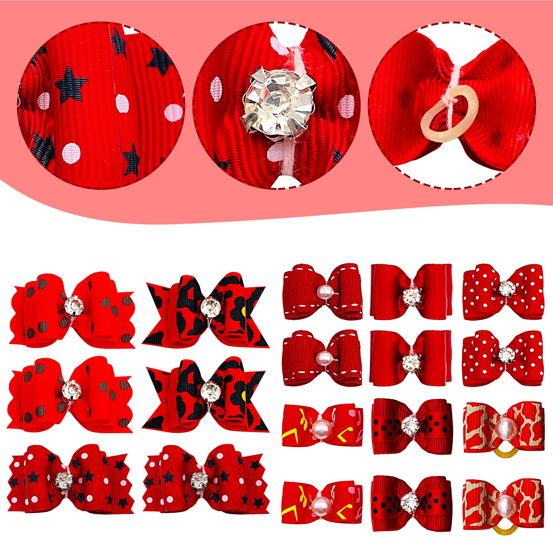 Pet Show Mixed Styles Pet Cat Puppy Topknot Small Dog Hair Bows With Rubber Bands Grooming Accessories Red Pack Of 20