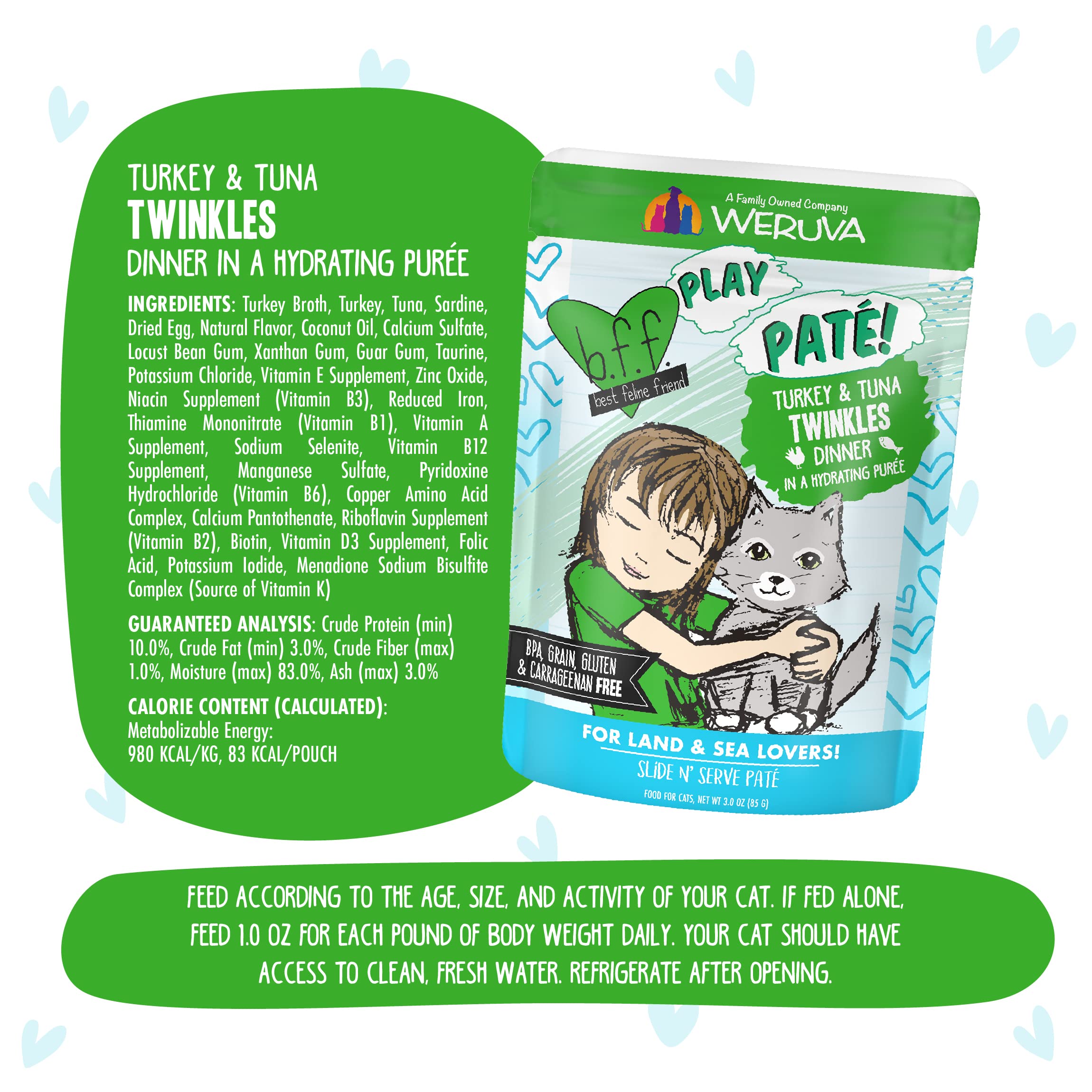 Weruva B.F.F. Play - Best Feline Friend Pat   Lovers, Aw Yeah!, Turkey & Tuna Twinkles with Turkey & Tuna, 3oz Pouch (Pack of 12