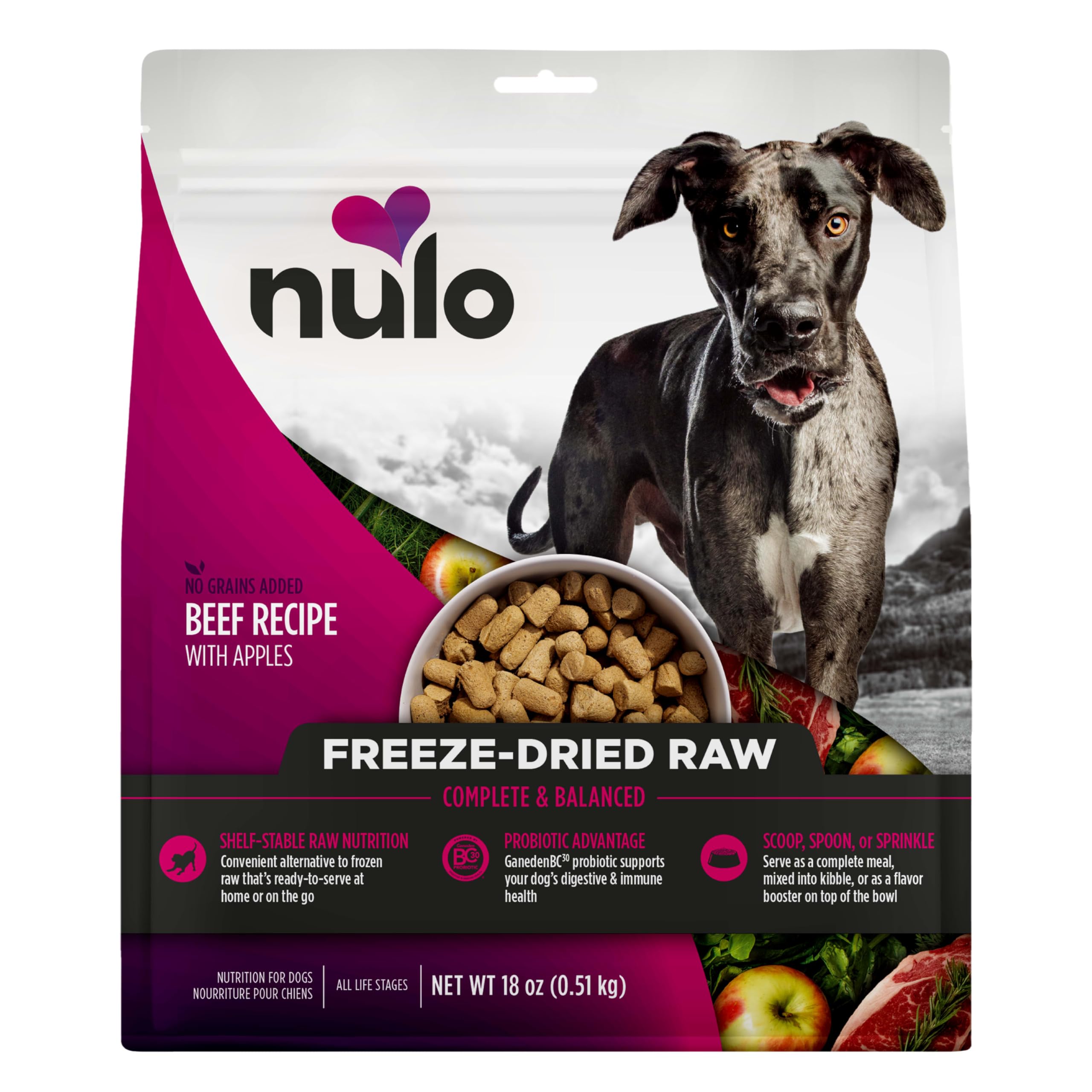 Nulo Freeze-Dried Raw Beef Recipe with Apples Complete and Balanced Dry Dog Food Kibble, 18 Ounce Bag