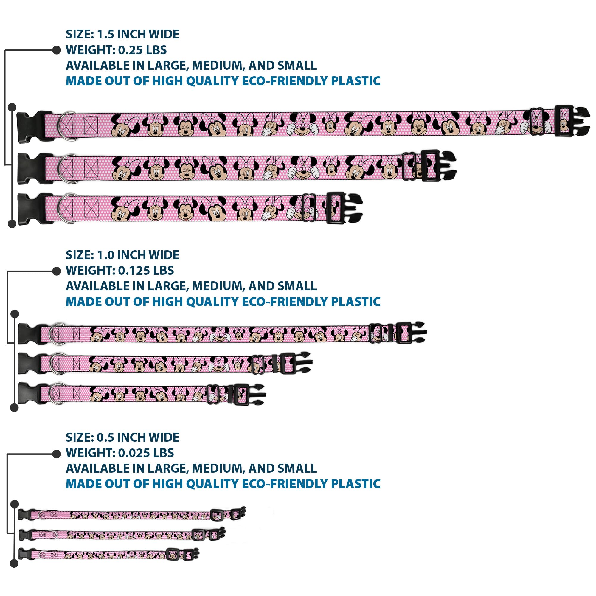 Buckle-Down Plastic Clip Collar - Minnie Mouse Expressions Polka Dot Pink/White - 1.5 Wide - Fits 16-23 Neck - Medium