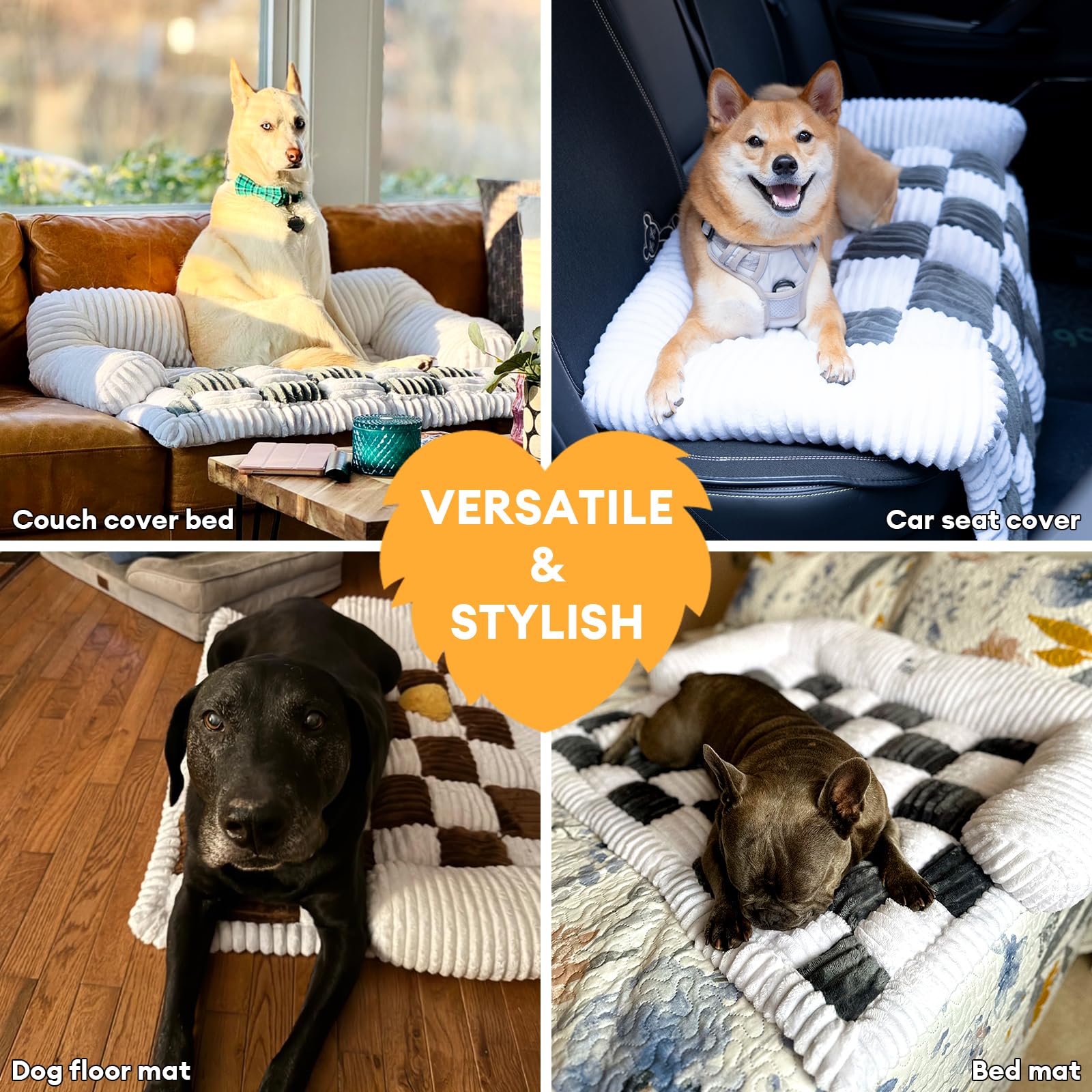 Funny Fuzzy Pet Couch Covers For Sofa, Dog Couch Cover Bed Washable Plush Pets Mat For Furniture Protector Cream Square Plaid Co