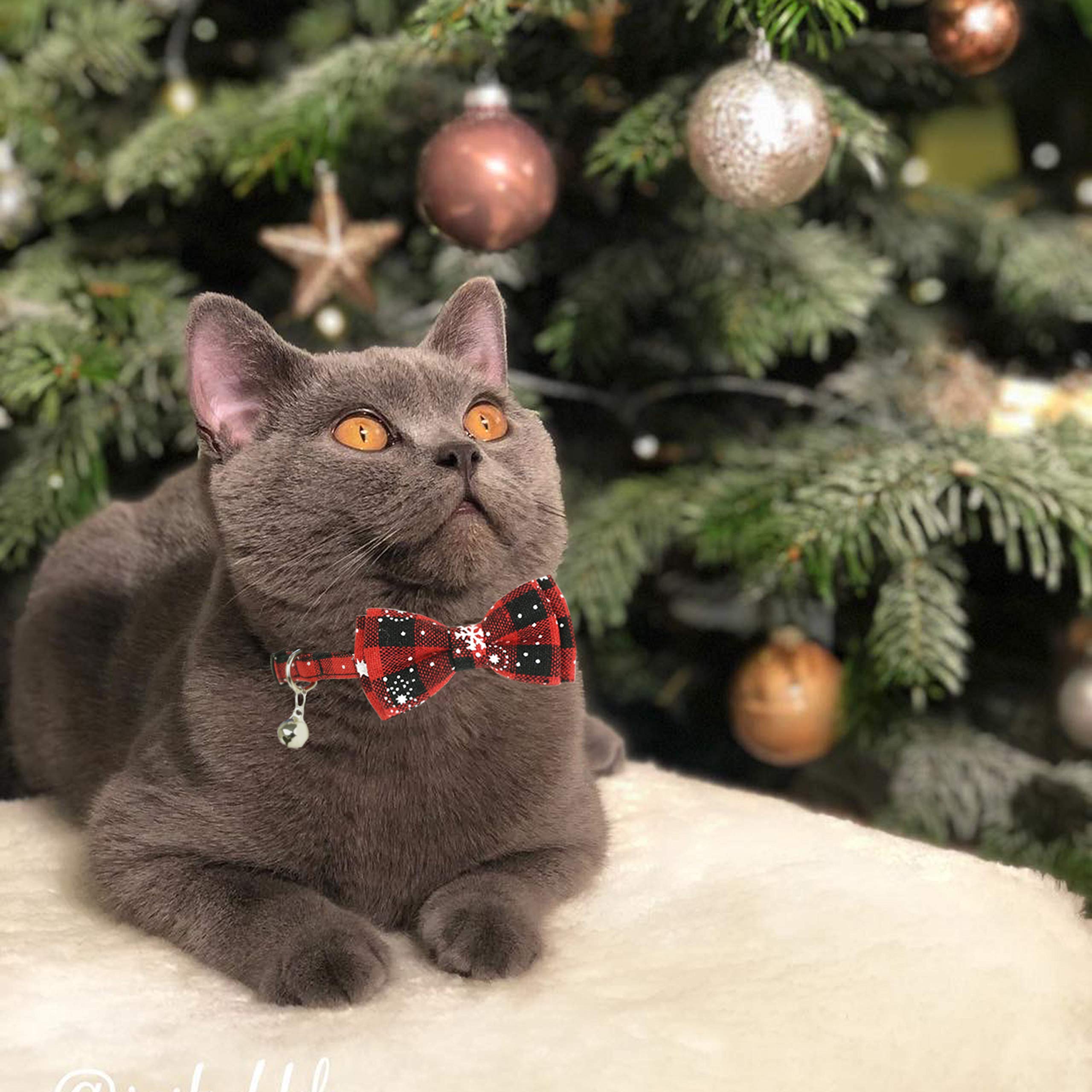 Pohshido 2 Pack Christmas Cat Collar With Movable Bowtie, Holiday Cat Bowtie Plaid Patterns, Breakaway Buckle Safety Kitty Kitten Collar With Bell, Adjustable Pet Collar For Cats And Puppies