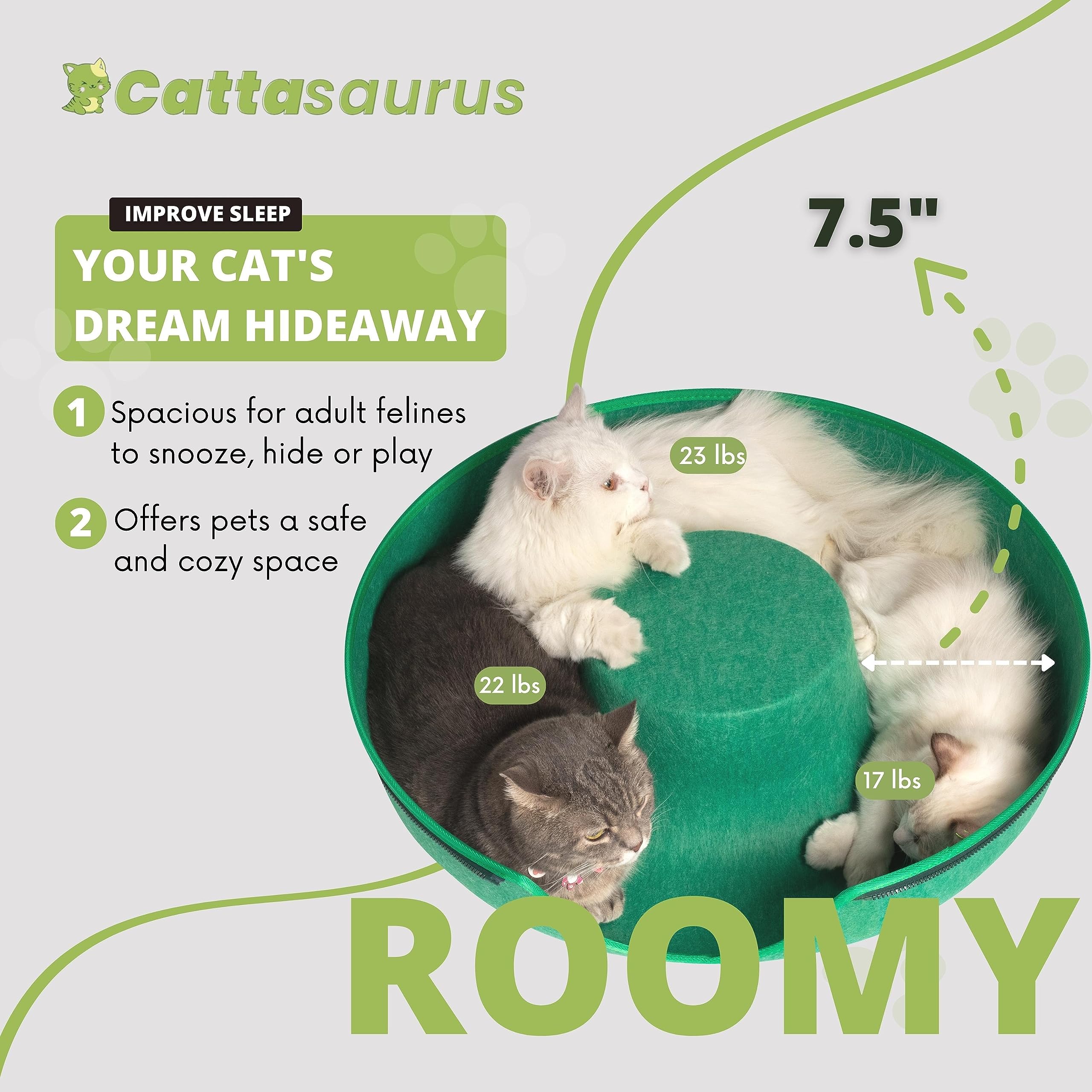 Cattasaurus Large Cat Cave - Scratch-Resistant Felt Tunnel Bed, Forest Green, Model PAB1701, Comfy for Cats Up to 45 Lbs