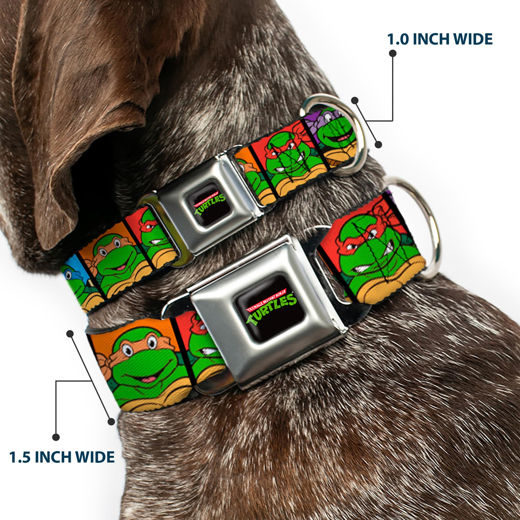 Buckle-Down Seatbelt Buckle Dog Collar - Classic Tmnt Face Blocks Black/Multi Color - 1.5' Wide - Fits 13-18' Neck - Small