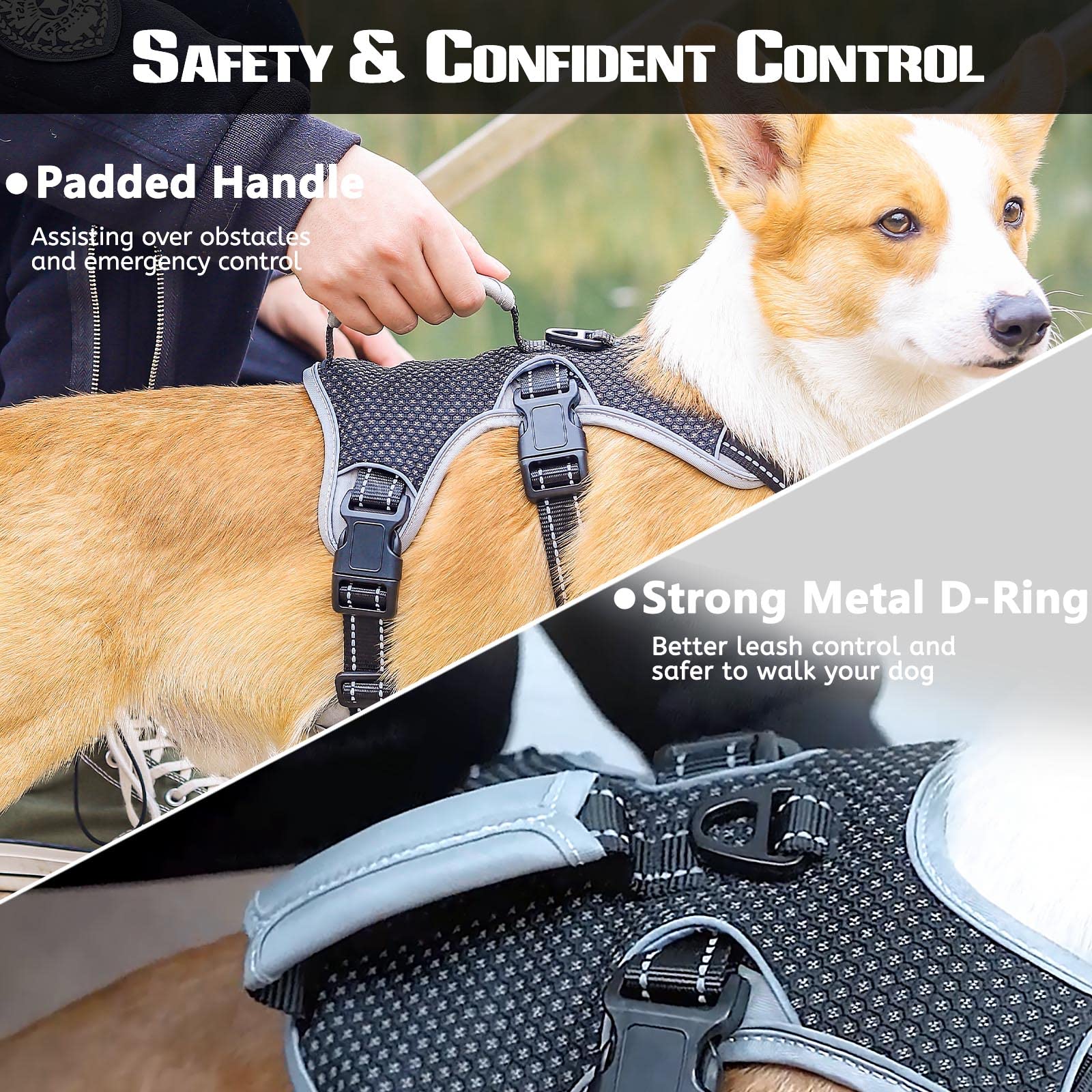 Escape Approved Dog Harness, Full Body Reflective With Lift Handle, Adjustable No Pull Vest With Soft Breathable Padded And Leash Clip For Medium And Large Dogs Walking Hiking Training Black (X-Large)