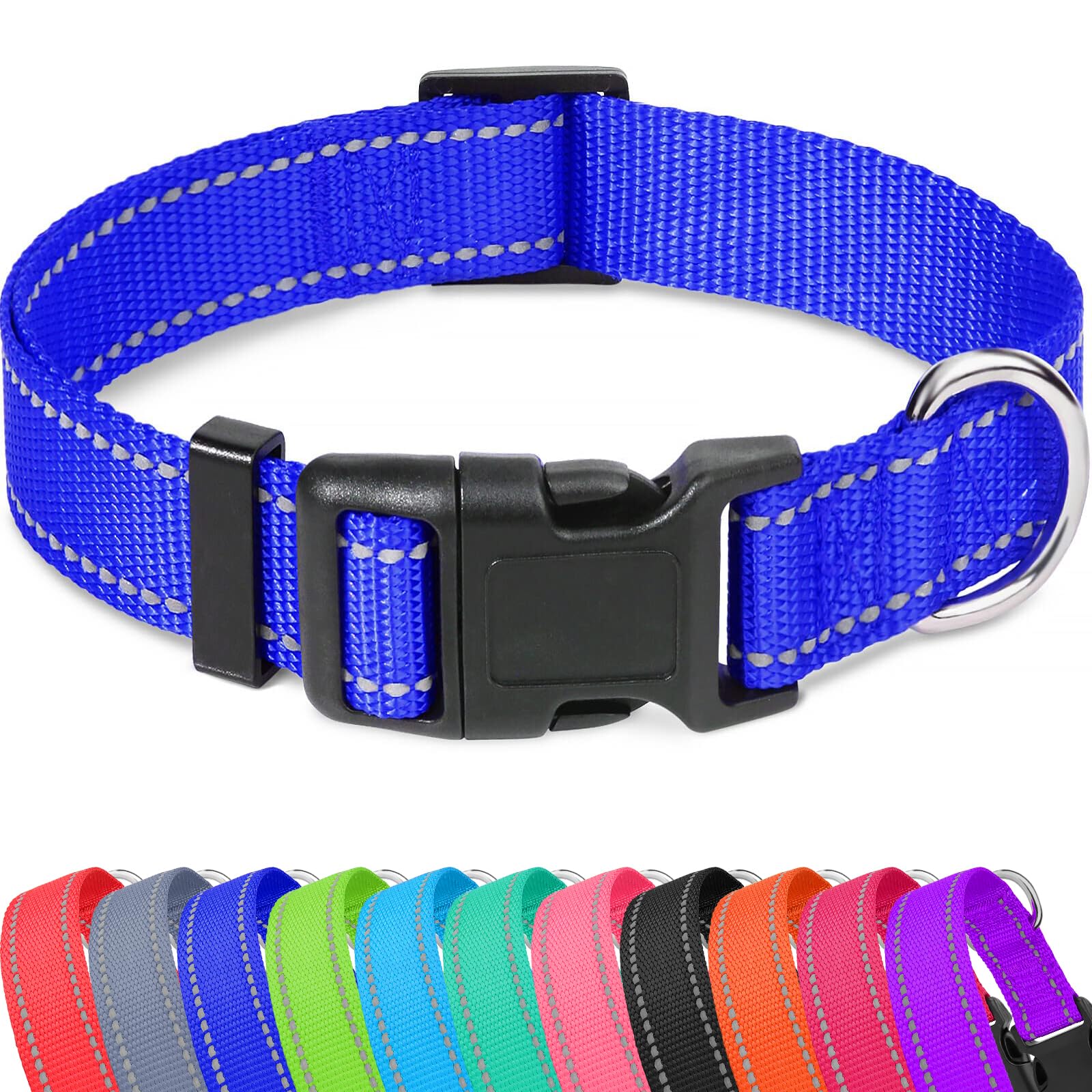 Taglory Reflective Adjustable Dog Collars For Puppy Small Medium Large Dogs, Thin Nylon Webbing And Quick Release Plastic Buckle(Royal Blue,Large)