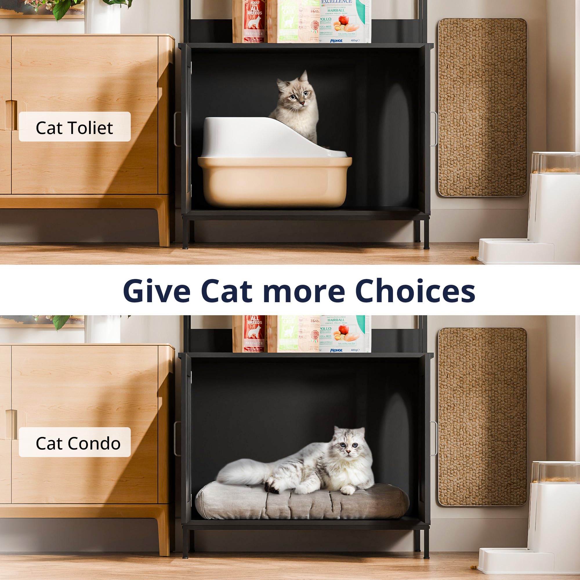 Cozy Castle Litter Box Enclosure, 57' Cat Litter Box Furniture With Large Cabinet, Shelves And 4 S-Hooks, Hidden Cat House For