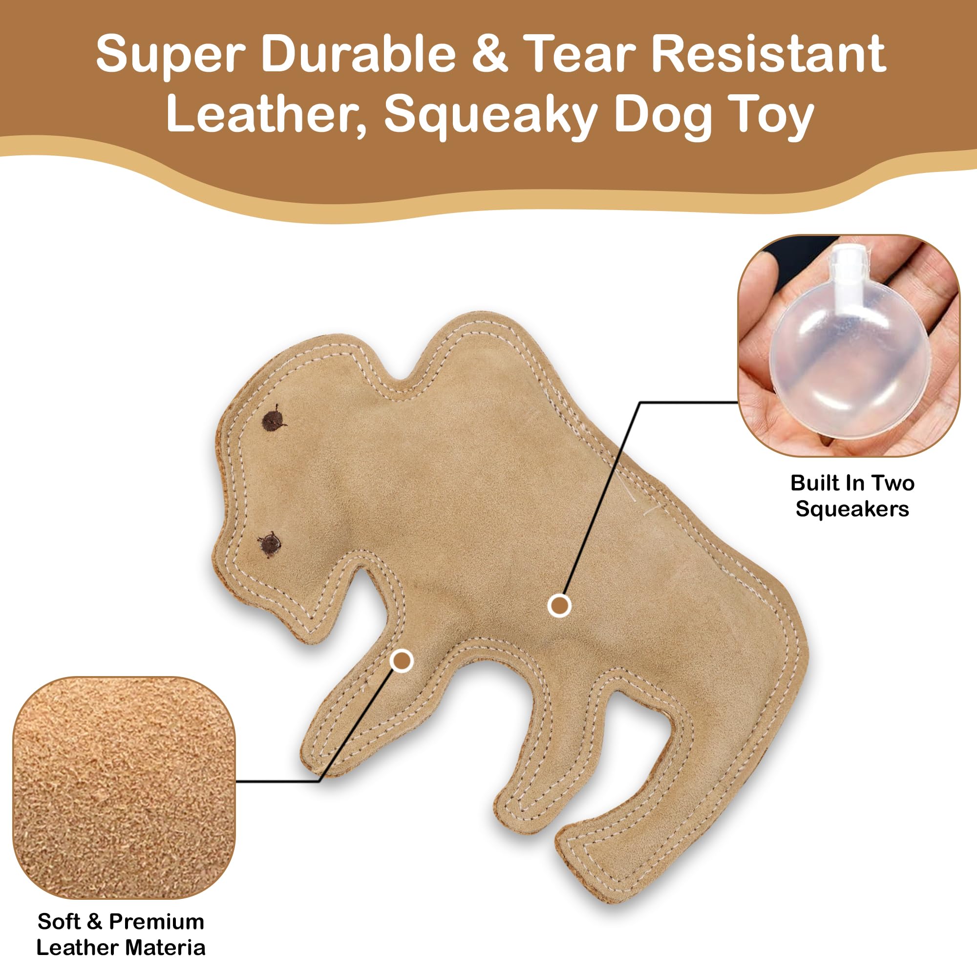 Spot Dura-Fused Leather Buffalo - Durable Squeaky Dog Toy With Real Leather & Jute Fabric, For Moderate To Aggressive Chewers, Interactive Play For Dogs & Puppies, 11.5In