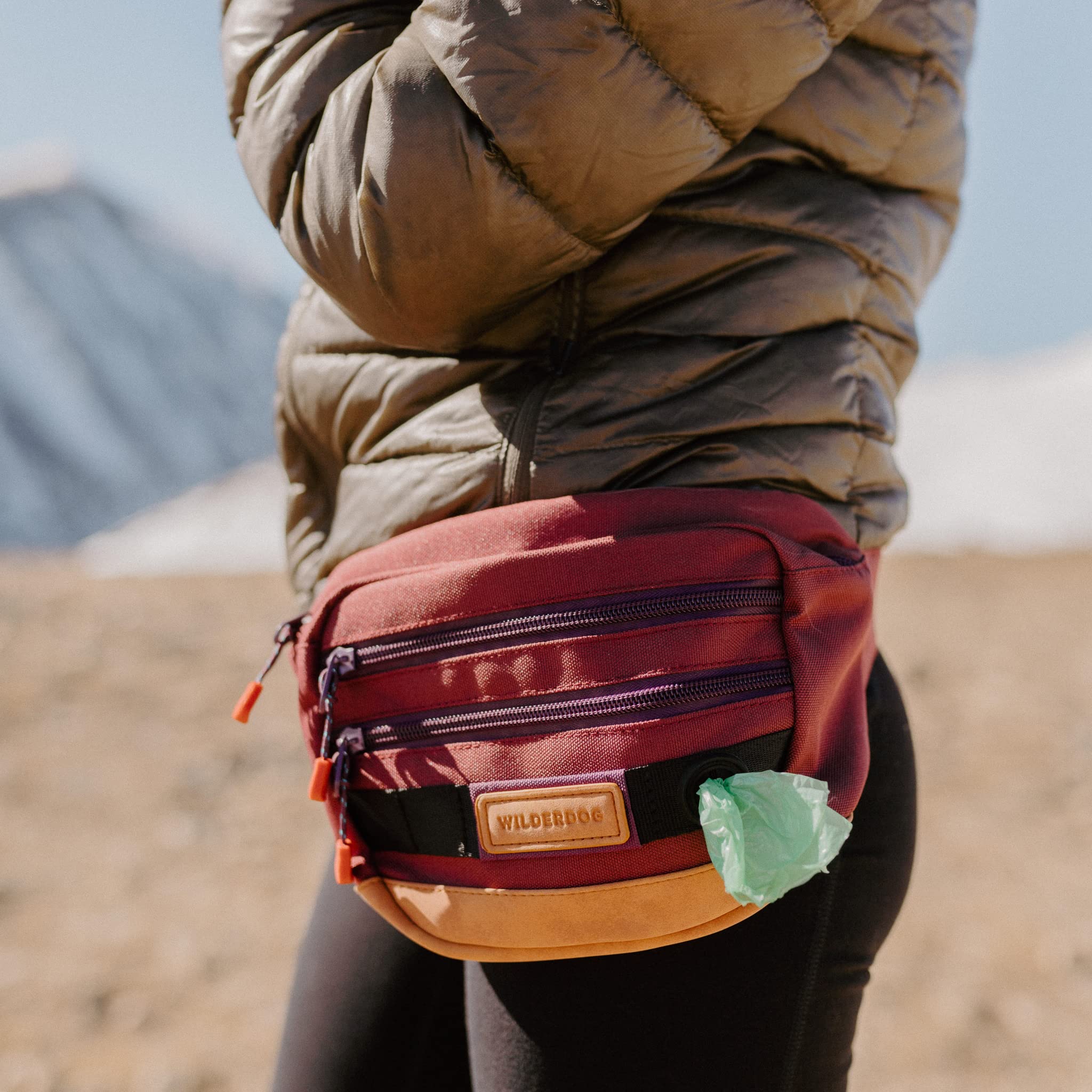 Wilderdog Utility Fanny Pack stores Treats, Balls, Keys in 3 Pockets with adjustable strap and Poop Bag dispenser (Huckleberry)