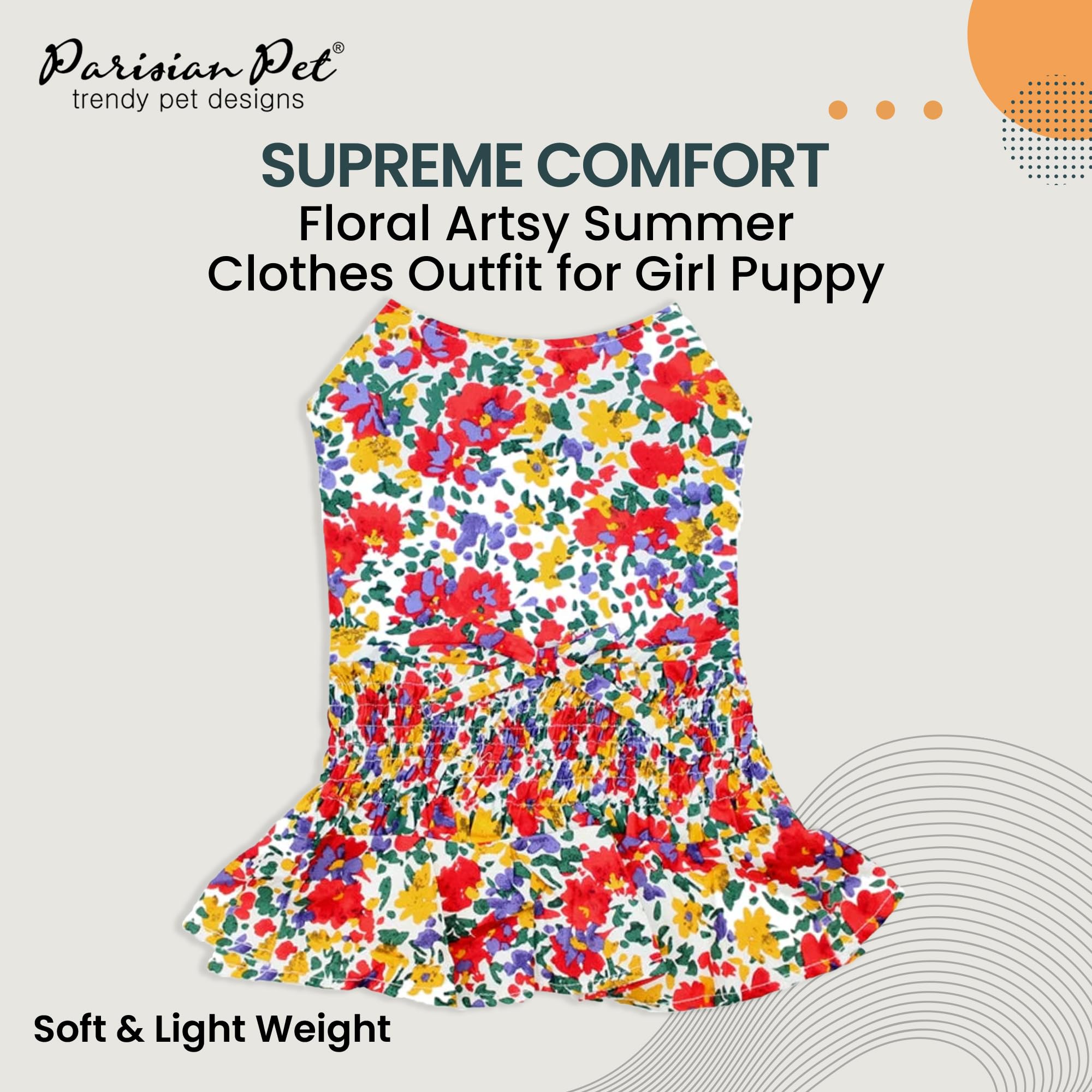 Parisian Pet Floral Printed Summer Dress - 100% Cotton Breathable Ruched Waist Dog Clothes - Beach Outfit - Cat Apparel - Dresse