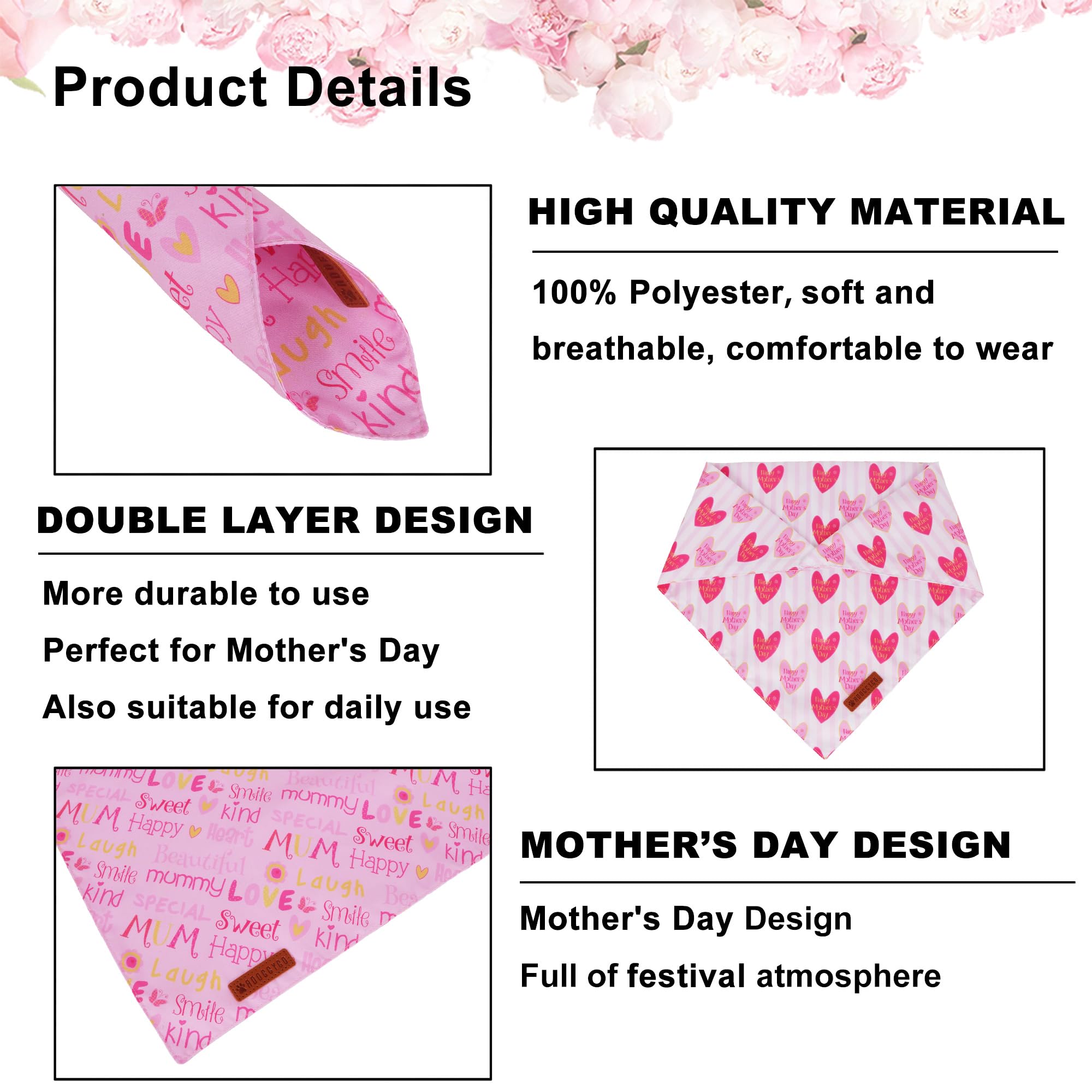 Adoggygo Mothers Day Dog Bandanas, Reversible Pink Pet Scarf, Premium Durable Fabric, Adjustable Fit Holiday Bandanas For Medium