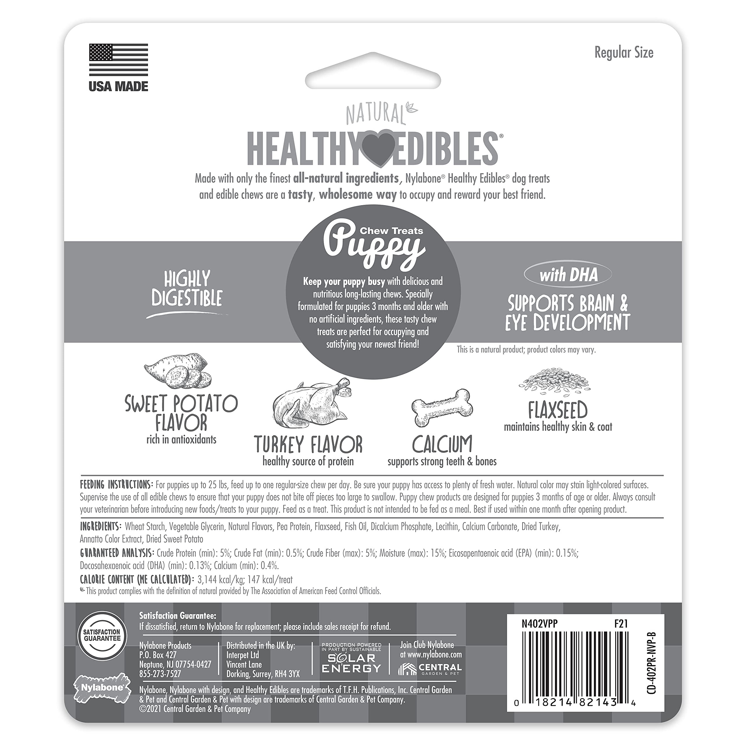 Nylabone Healthy Edibles Natural Puppy Treats - Long-Lasting Dog Treats - Puppy Supplies - Turkey & Sweet Potato Flavor, Small/R