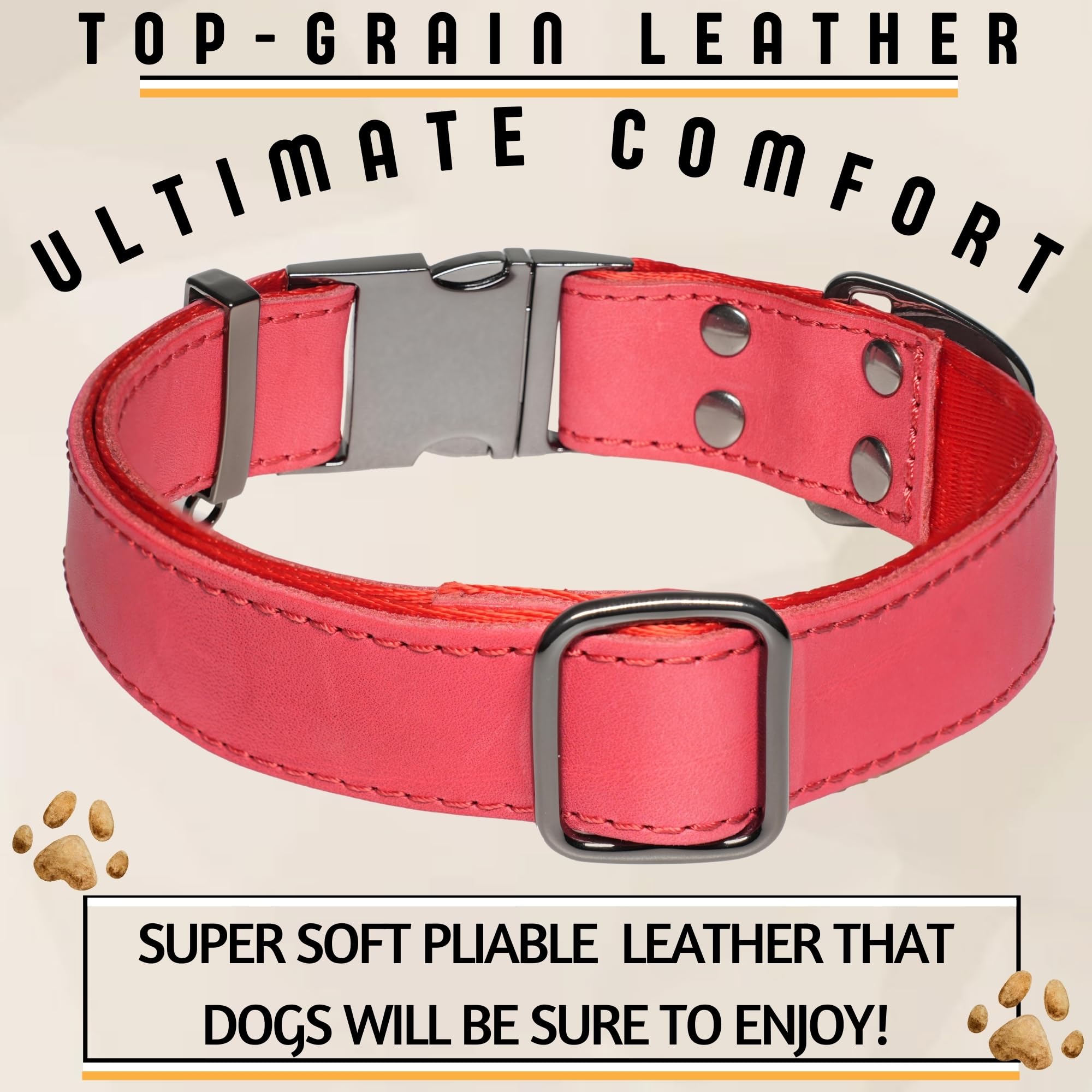 ADITYNA Leather Dog Collar - Heavy-Duty, Adjustable for Large & XL Dogs, Fits 19-30" Necks, Red, Model LC3 L/XL
