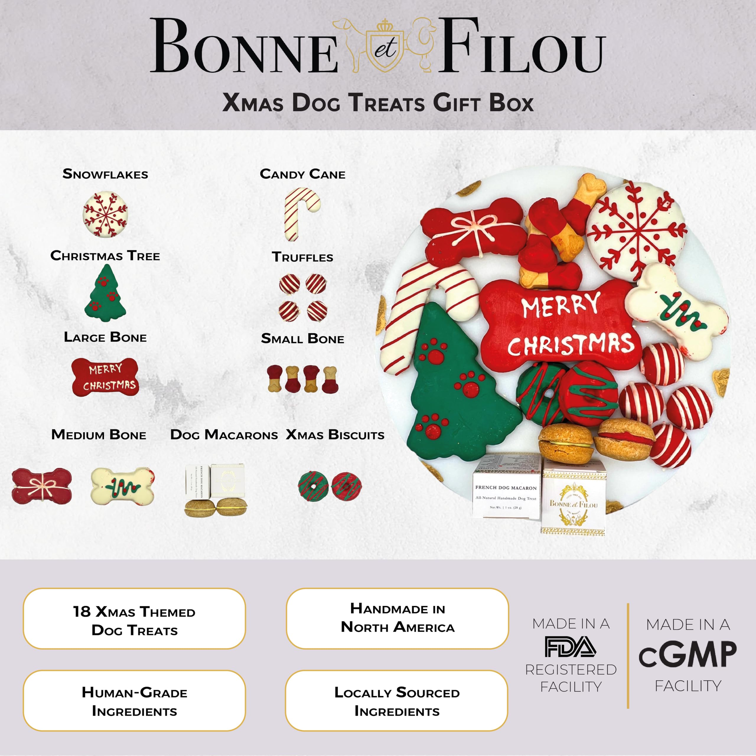 Bonne et Filou Christmas Dog Treats, Luxury Gourmet Gift Box, 18 Hand Designed Macarons, Truffles & Bone Cookies, Perfect Holida