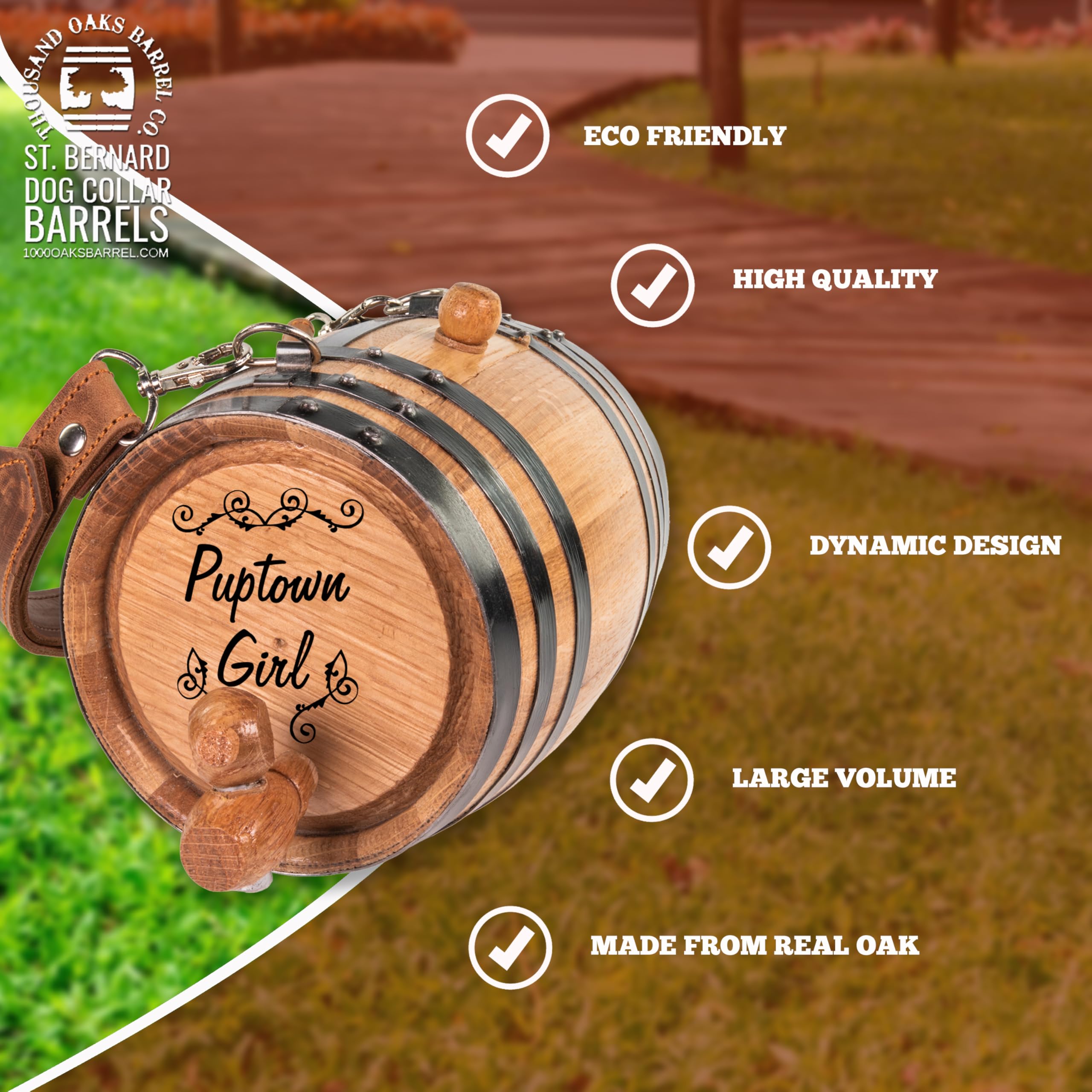 St Bernard Dog Collar Rescue Barrel, With Engraved Design 'Puptown Girl' (1/2 Liter Size Oak Mini Keg With Black Hoops For Pet)