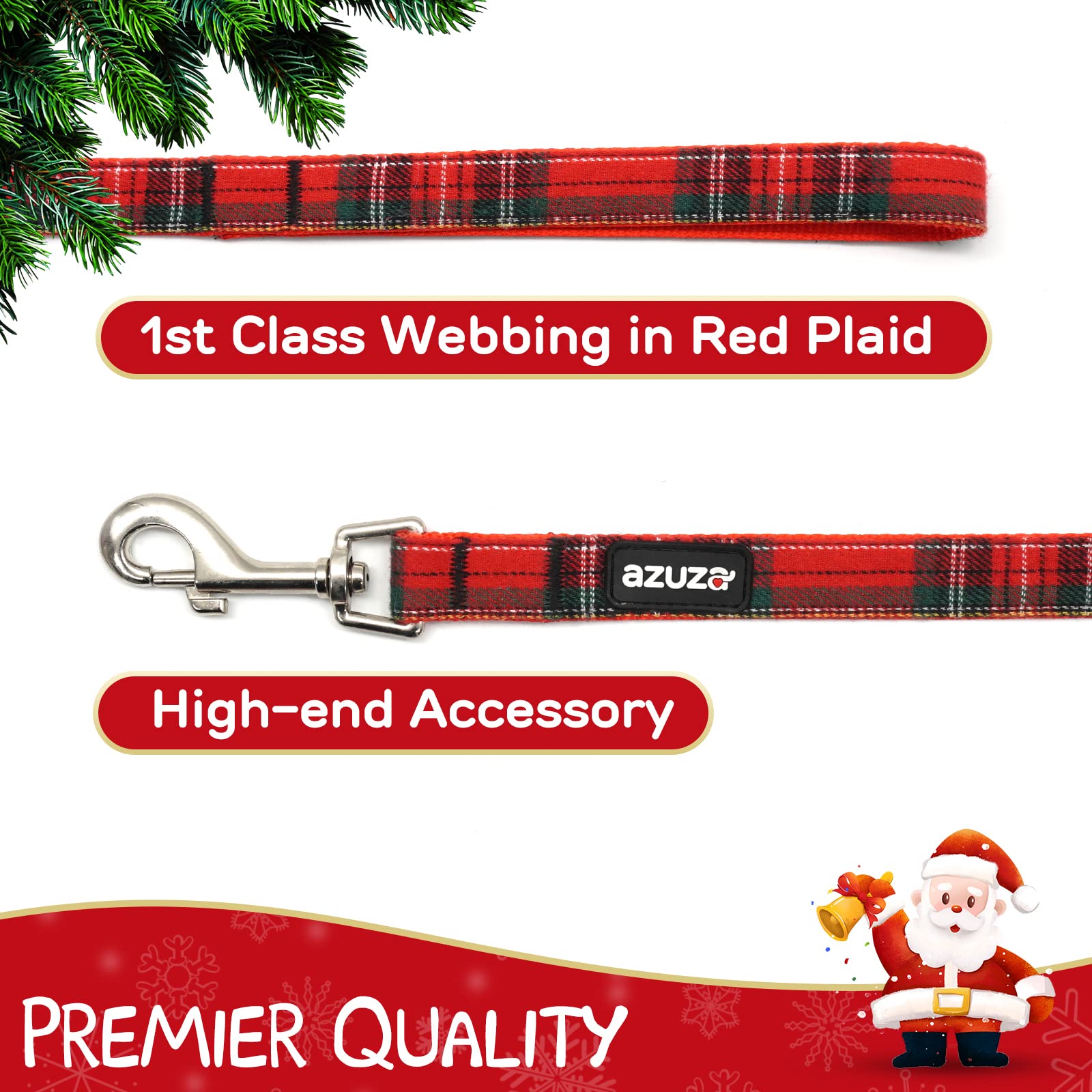 Azuza Christmas Buffalo Dog Collar And Leash Set, Classic Plaid Collar With Removable Bowtie And Matching Leash For Medium Dogs