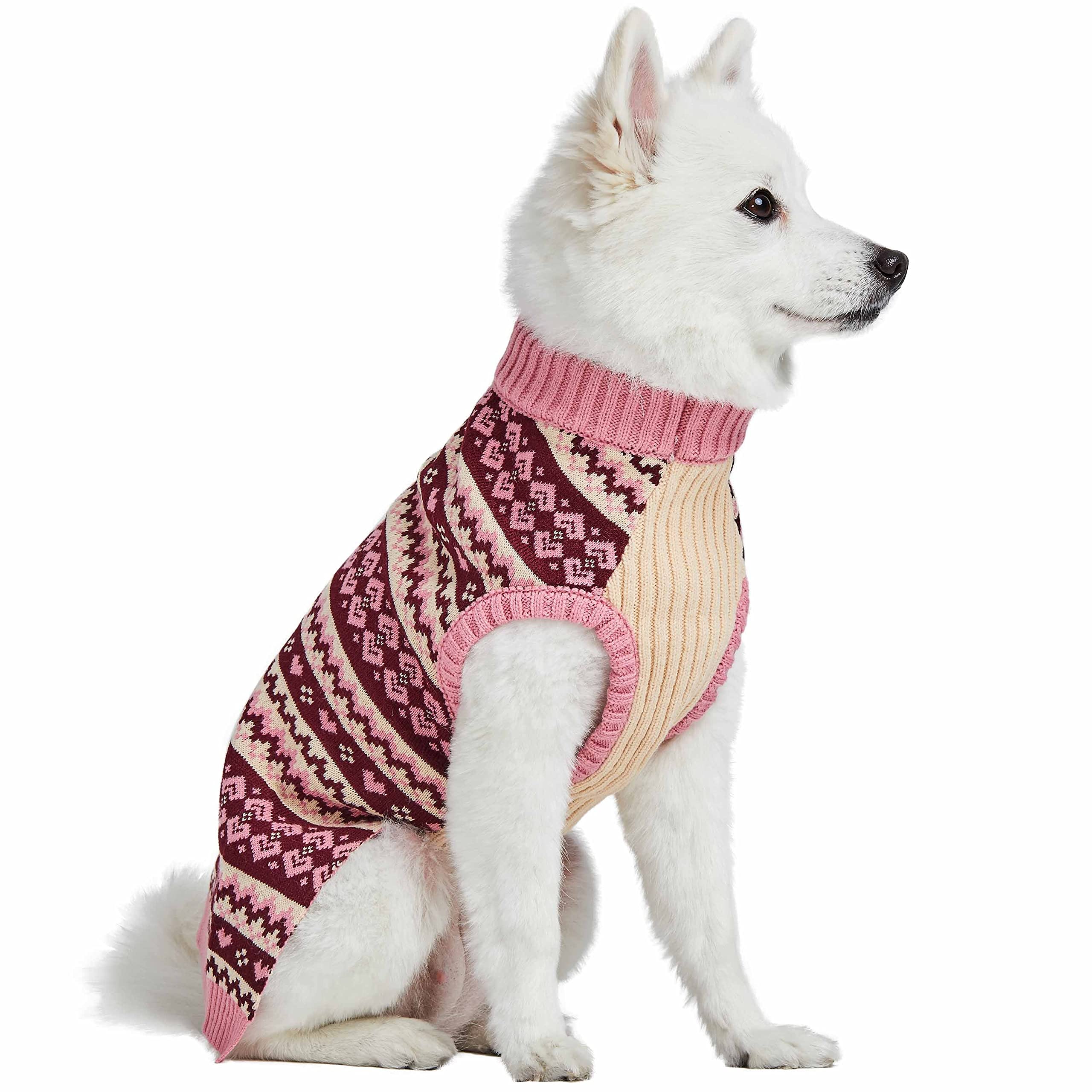 Blueberry Pet Heart Designer Everyday Turtleneck Fair Isle Fall Winter Pullover Dog Sweater In Pink, Back Length 12', Warm Clothes For Small Dogs
