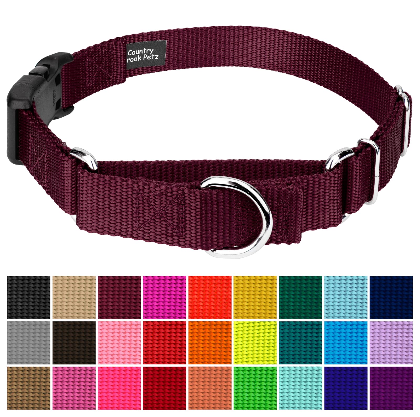 Country Brook Petz - Made In The Usa - Durable Nylon Martingale With Deluxe Buckle - 30+ Vibrant Color Options (Burgundy, 3/4 Inch, Small)
