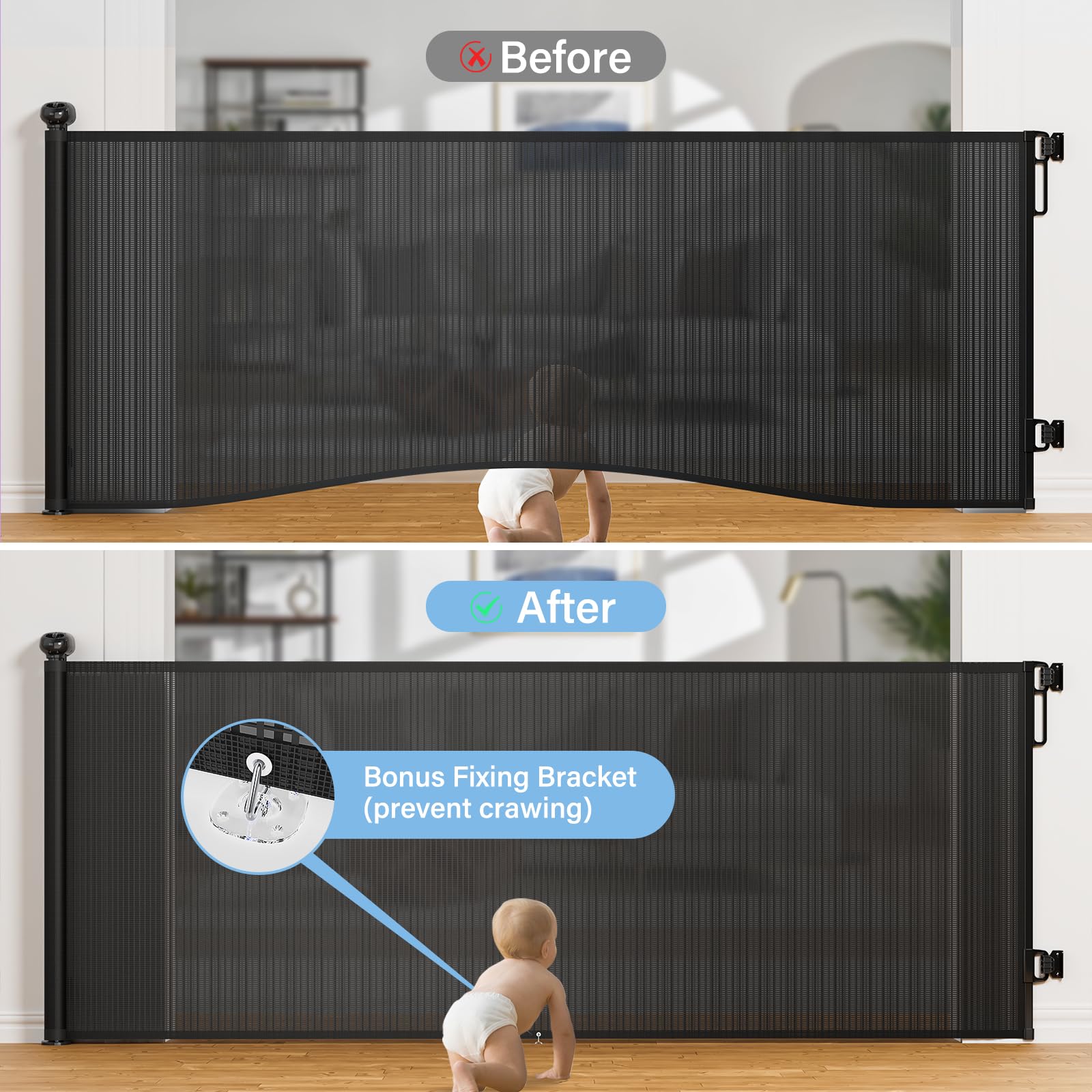 PRObebi Retractable Baby Gate - 34" Tall x 110" Wide, Aluminum, Black, Model SG021, Ideal for Stairs, Doorways, and Outdoor Use