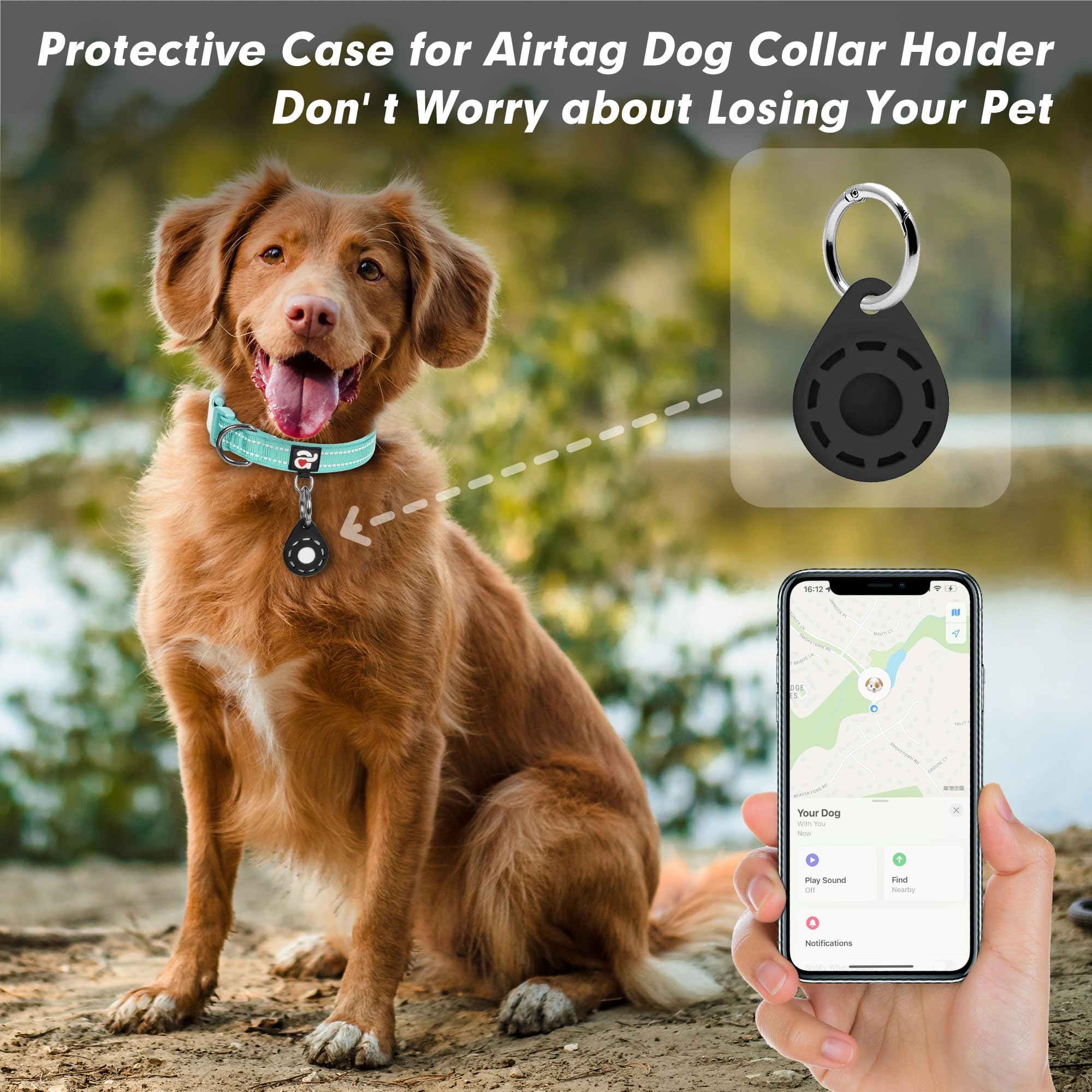 Azuza Reflective Dog Collar With Airtag Holder, Soft Neoprene Padded Pet Collar With Id Tag Ring, Adjustable For Large Dogs,Teal