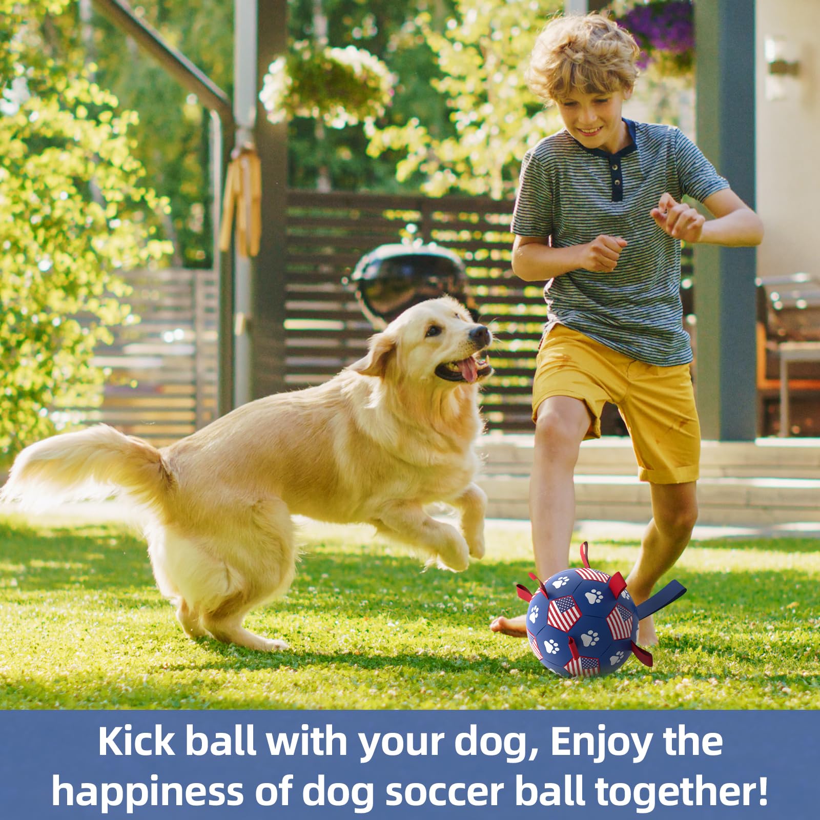 QDAN Dog Soccer Ball - Durable 6 Inch Water Toy for Small Medium Dogs, American Flag Design, Ideal for Tug of War and Beach Fun