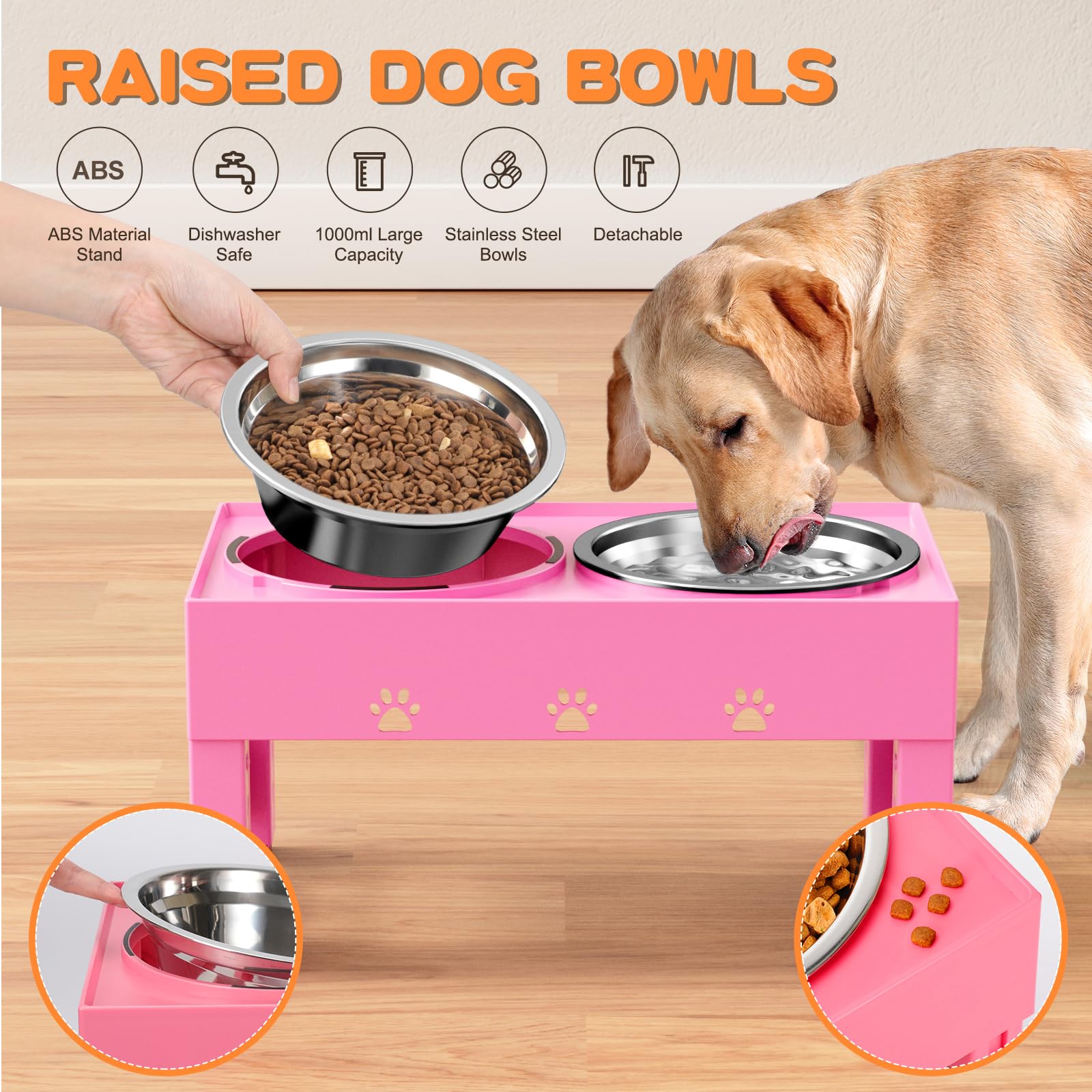 LAKIPETN Elevated Dog Bowls with 2 Stainless Steel Bowls, Raised Dog Food Bowl Stand 5 Height Adjustable (3.1 , 9 , 10 , 11 , 12