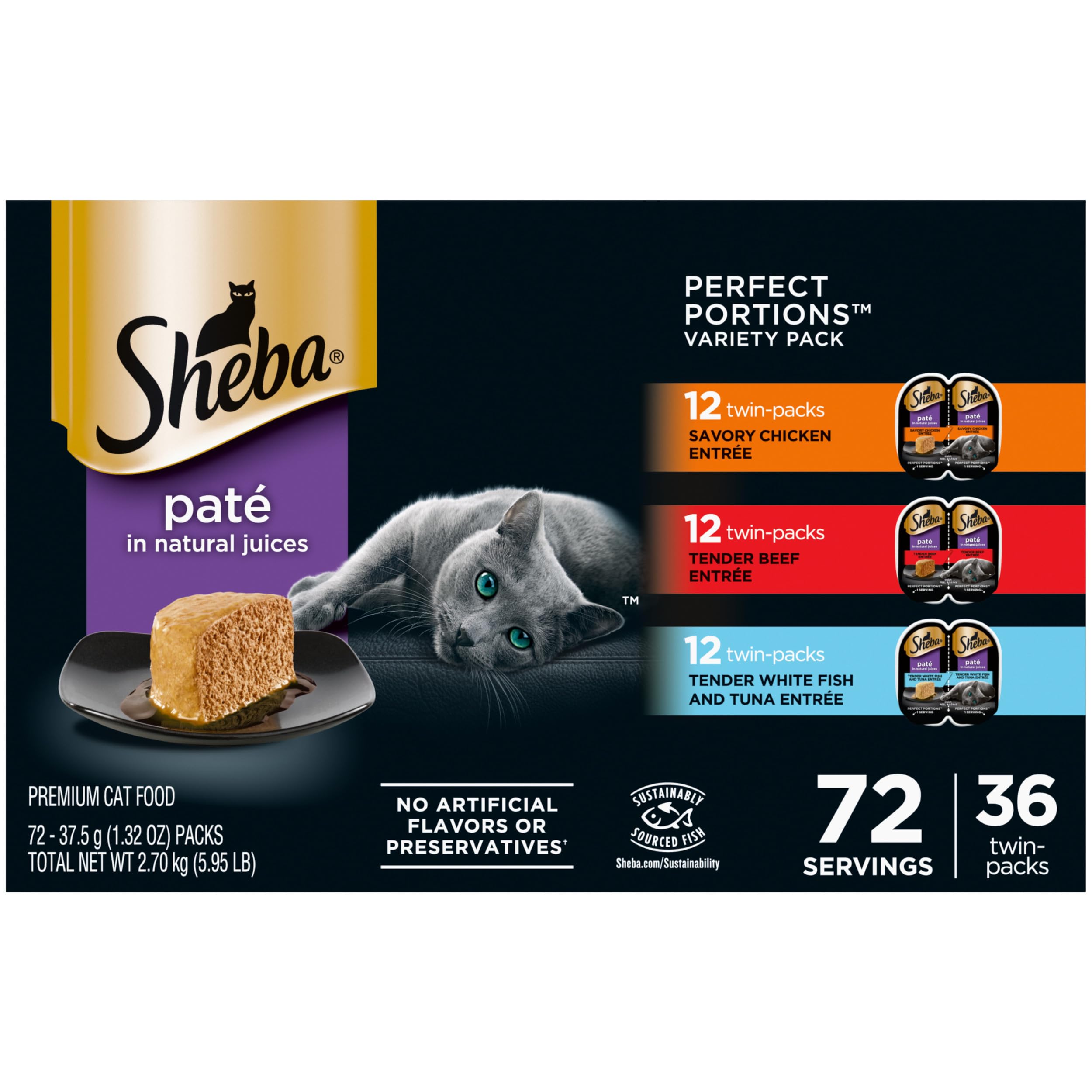 Sheba Perfect Portions Wet Cat Food Pate Savory Chicken Entree, Tender Beef Entree, and Tender White Fish and Tuna Entree, 2.6 o