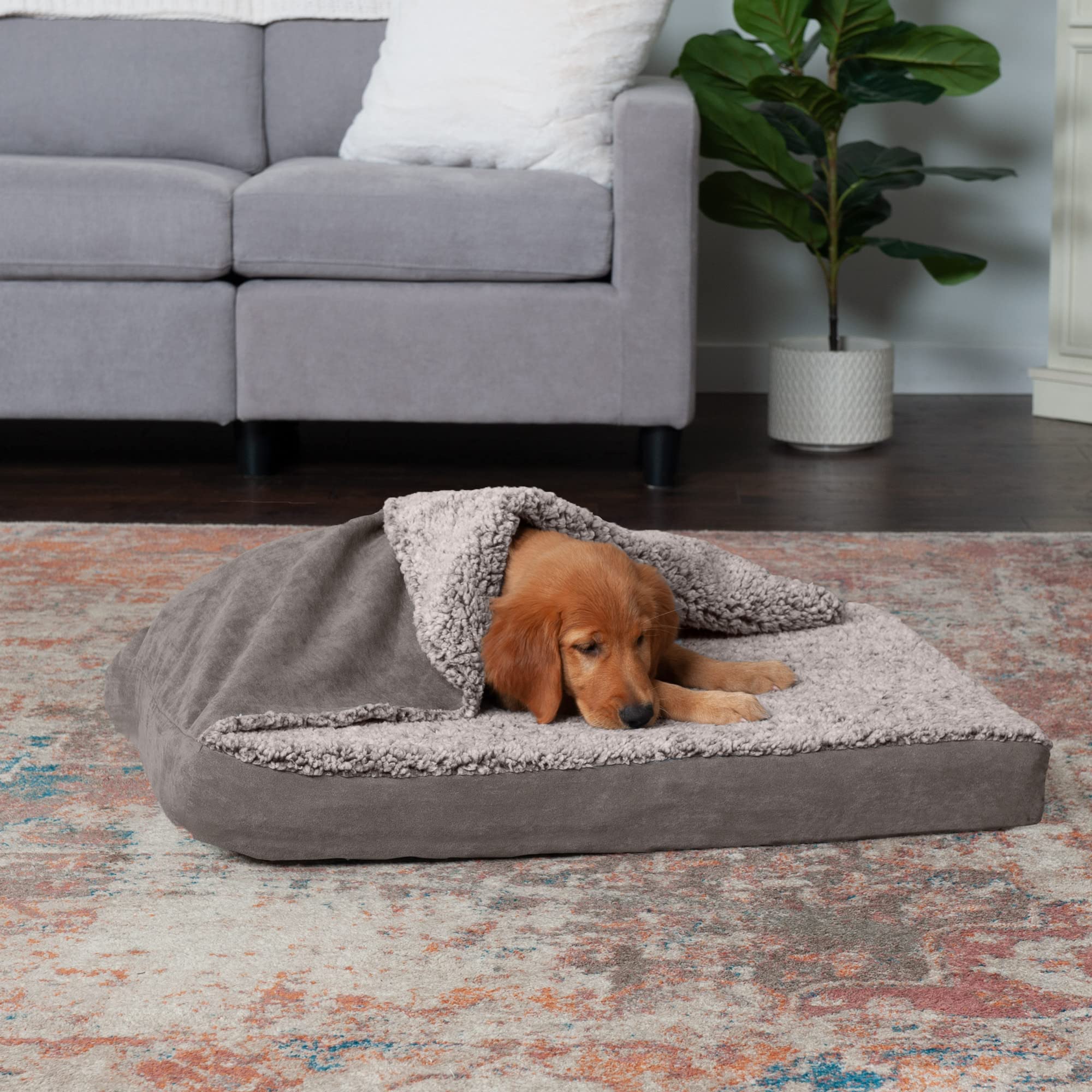 Furhaven Cooling Gel Dog Bed for Medium/Small Dogs w/ Removable Washable Cover, For Dogs Up to 35 lbs - Berber & Suede Blanket T