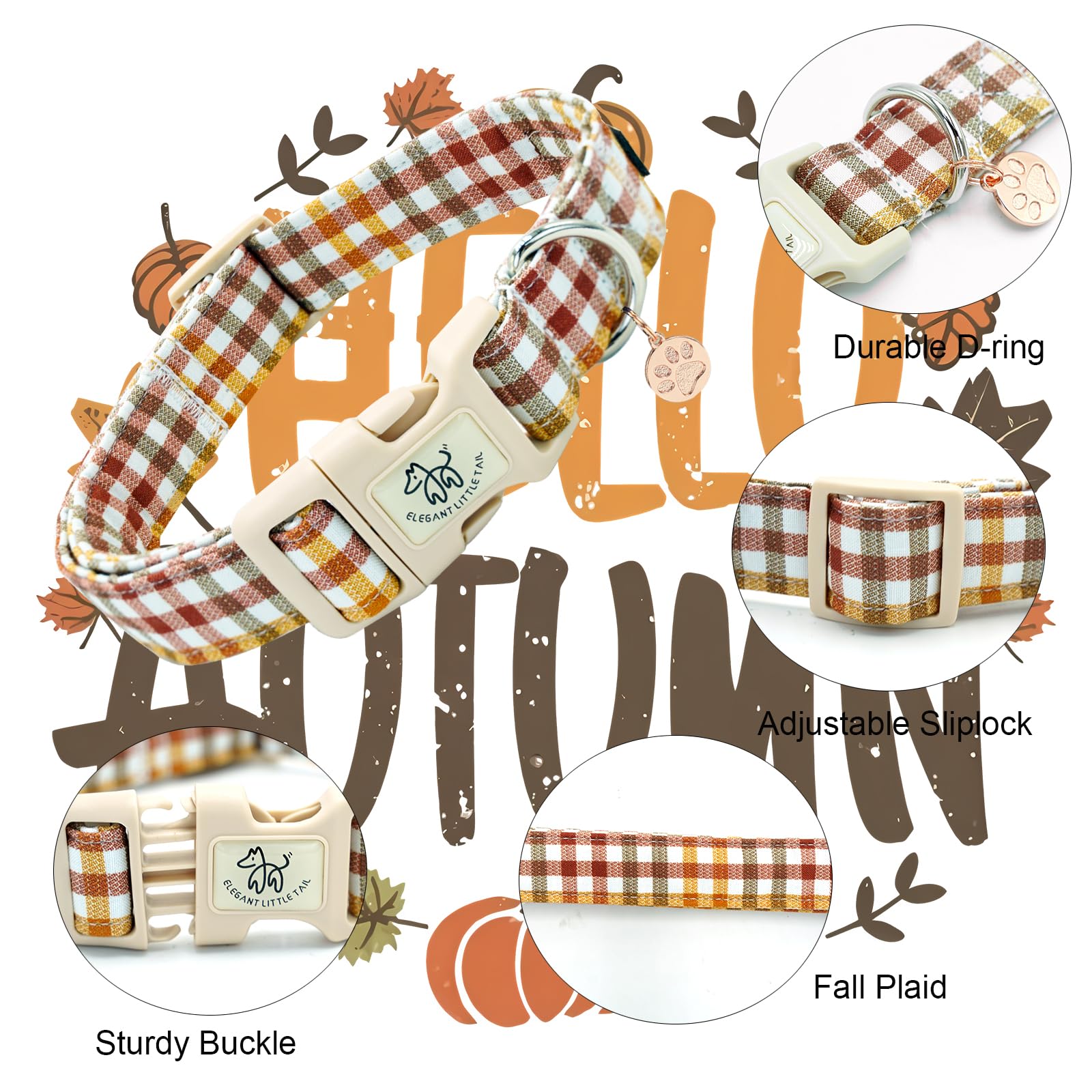 Elegant Little Tail Fall Dog Collar, Plaid Puppy Collars Fall Yellow Male Cute Puppy Adjustable Cotton Pet Collar With Quick Rel