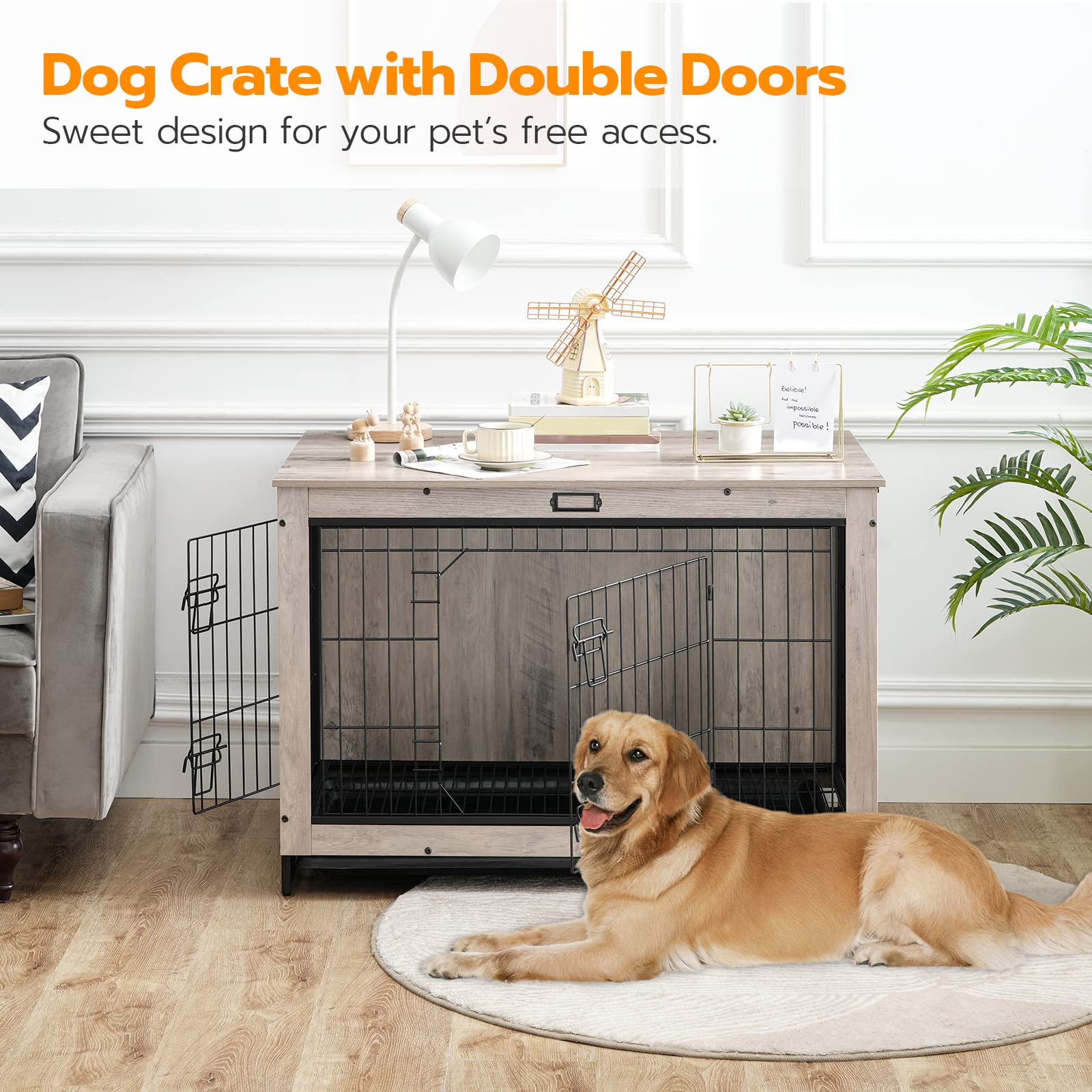 HOOBRO Dog Crate Furniture, Large Wooden Kennel 38.6”L, Greige, with Pull-Out Tray and Double Doors for Dogs, Model BG982GW03