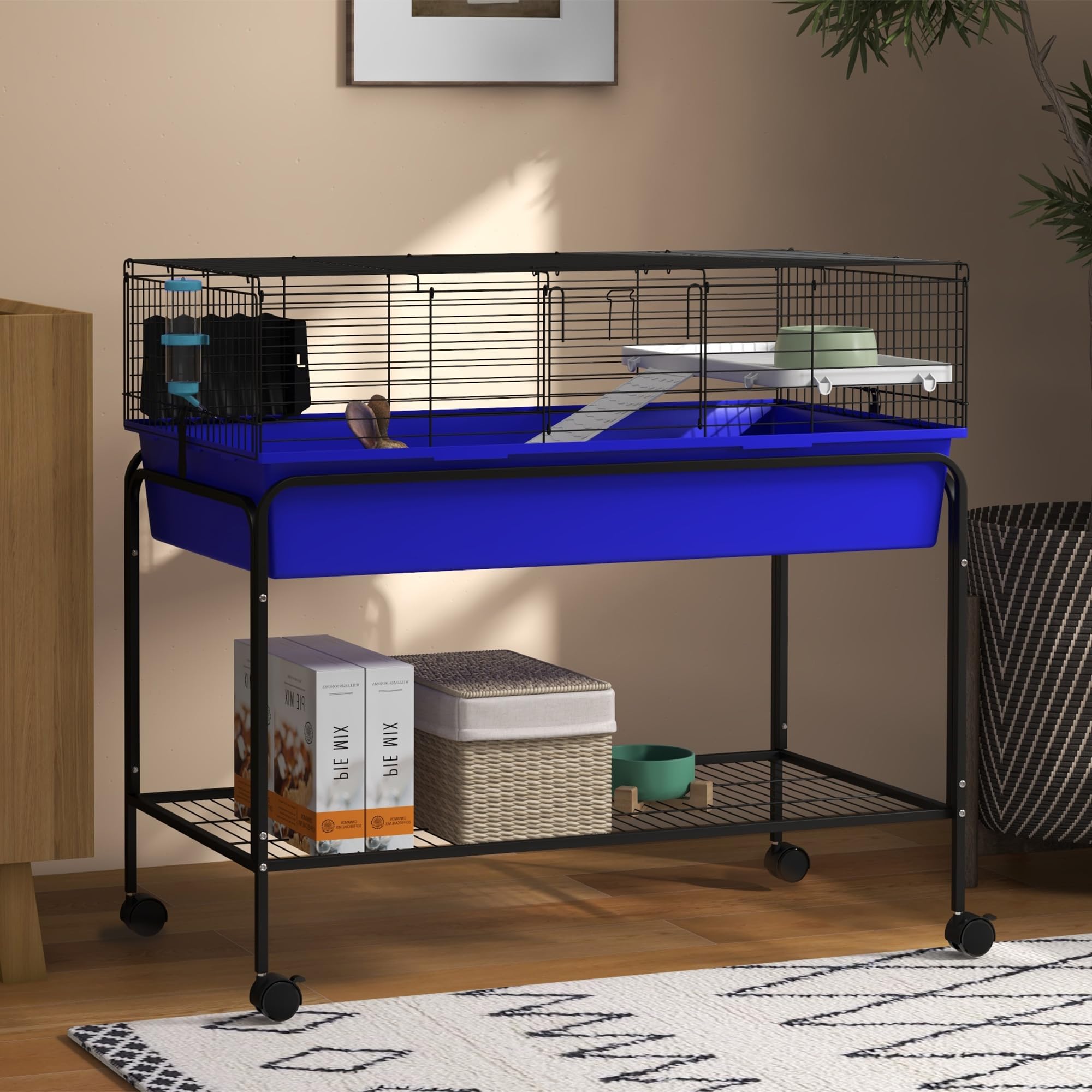 PawHut Two-Story Small Animal Cage Removable From Stand, Guinea Pig, Hedgehog, Chinchilla, Ferret Habitat With Shelf & Wheels, 3
