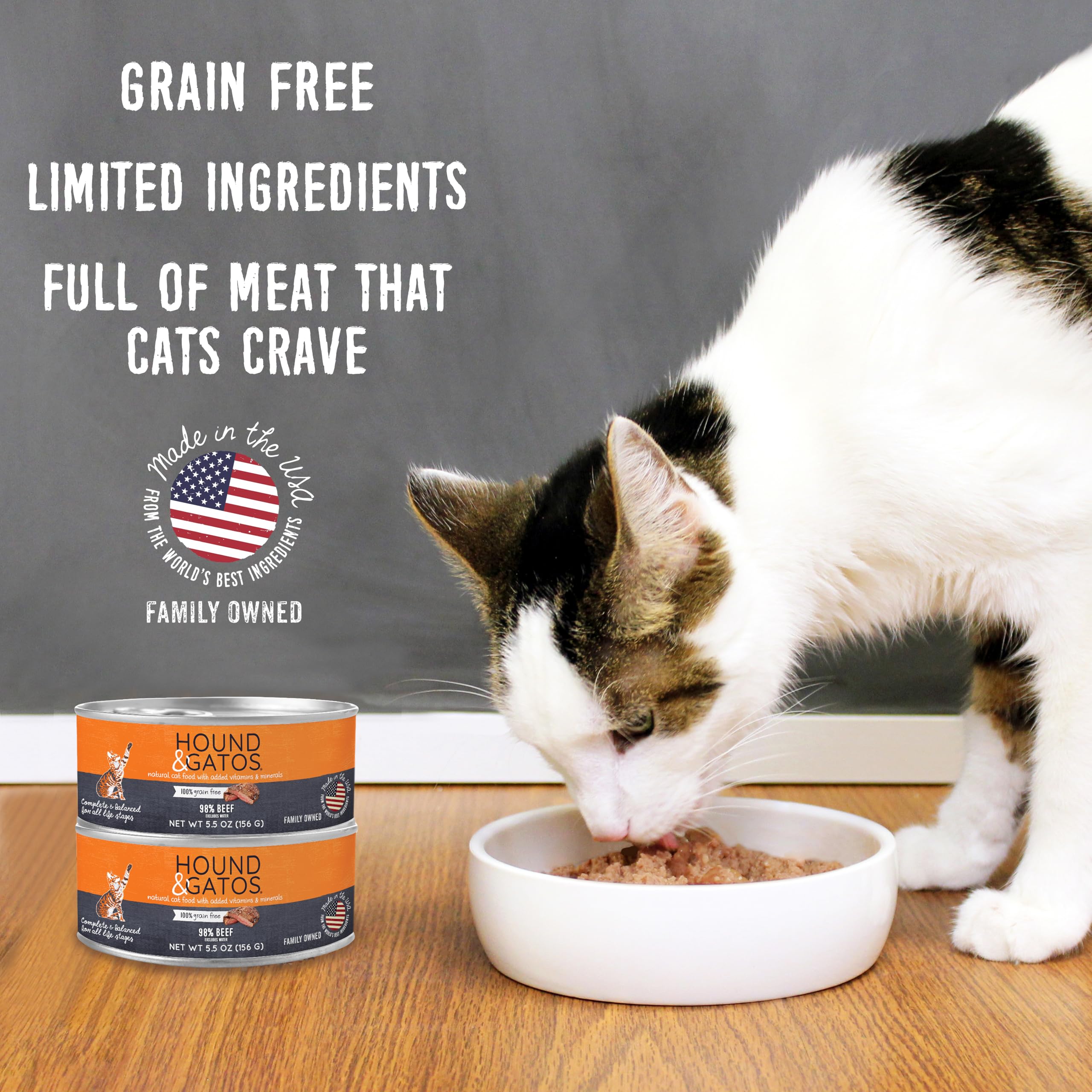 Hound & Gatos Wet Cat Food, 98% Beef, Grain Free Pate Cat Food, Real Meat, High Protein, Limited Ingredients, No Additives, 5.5