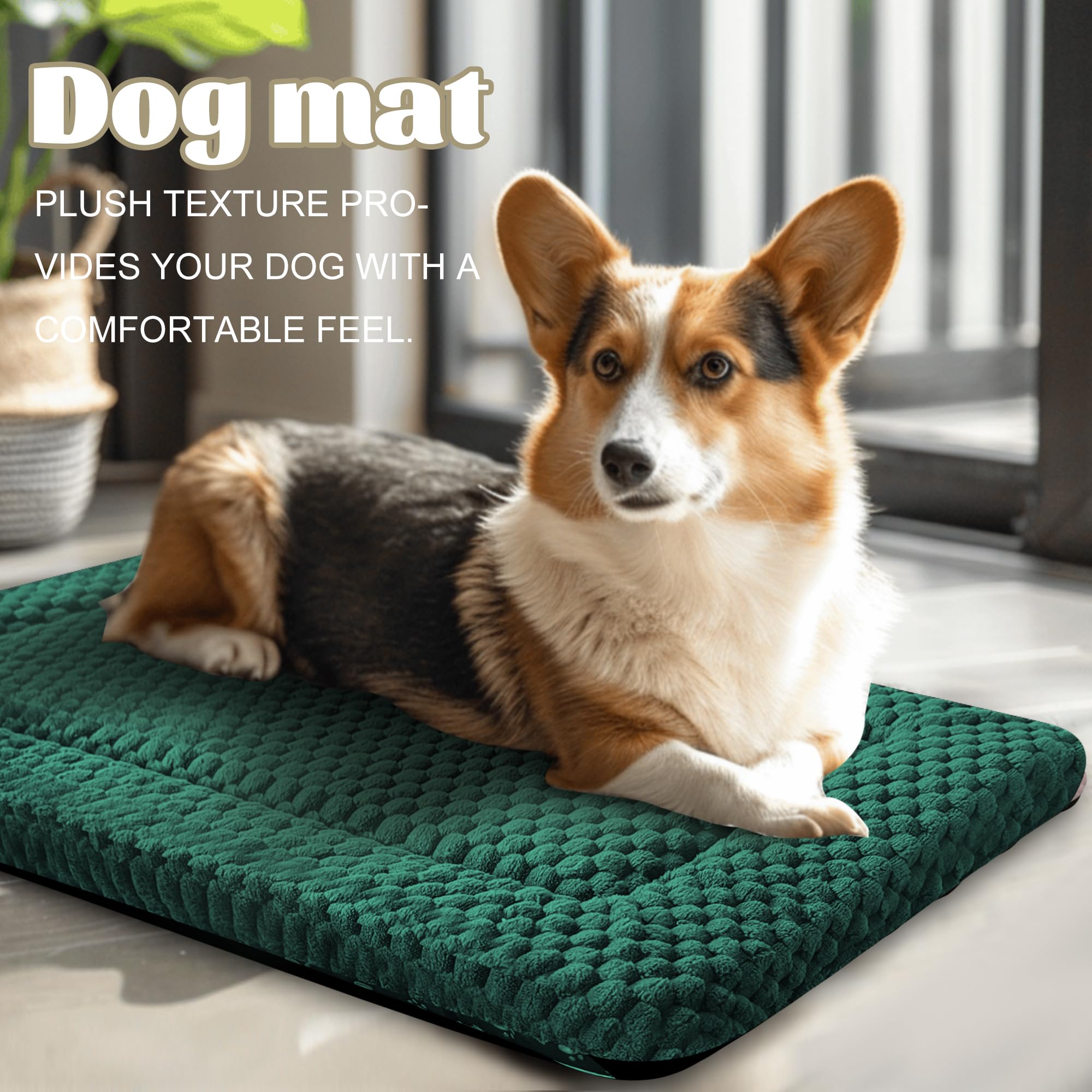 Dog Bed Crate Mat, Soft Durable Washable Anti-Slip Kennel Pad for Dogs & Cats, Reversible (Dark Green, S(24*18*1.5))