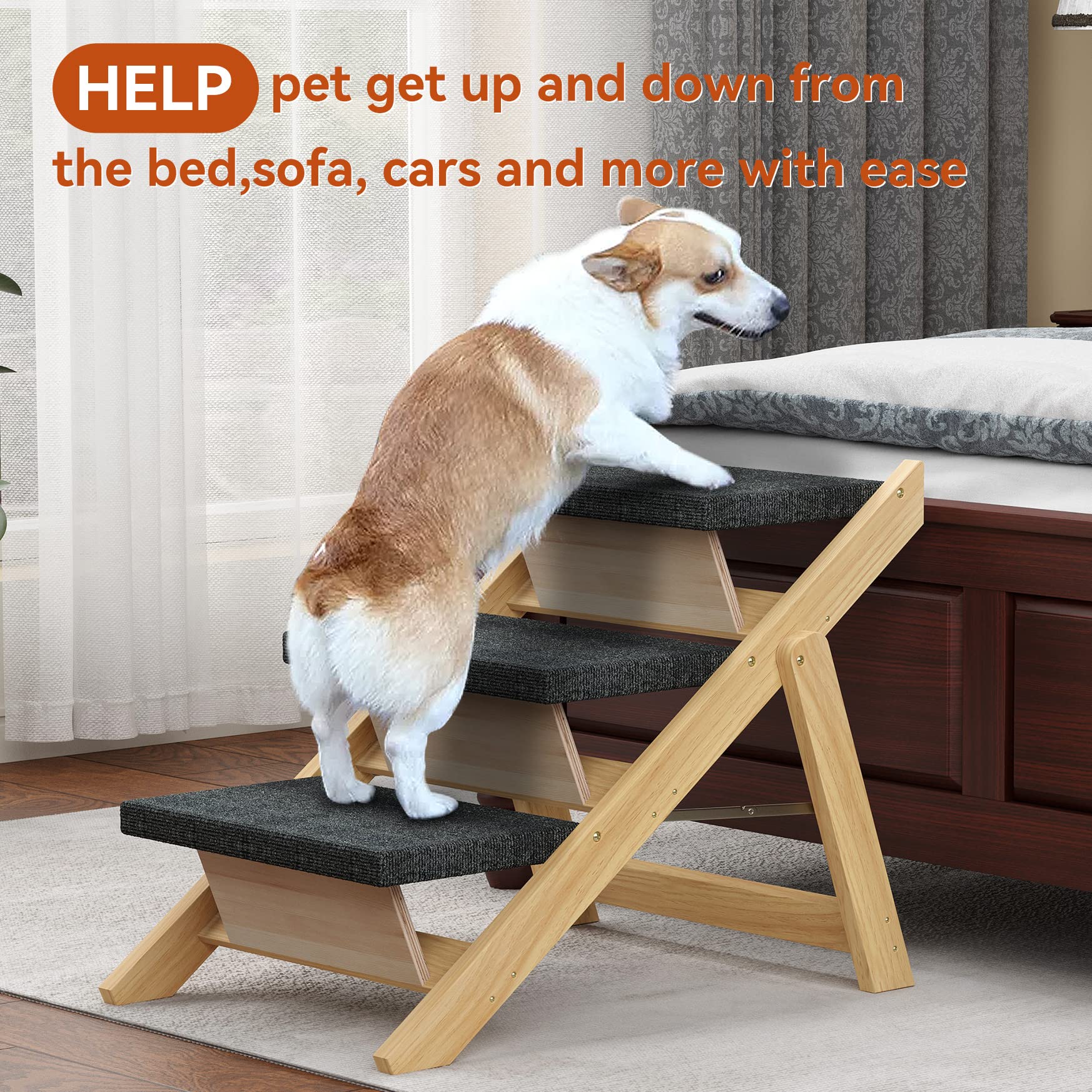 Runlexi Pet Stairs/Steps, Medium Dogs Steps For High Beds, Sofa, Couch, Car, 2-In-1 Foldable Wood Dog Ramp With Non-Slip Pads, S