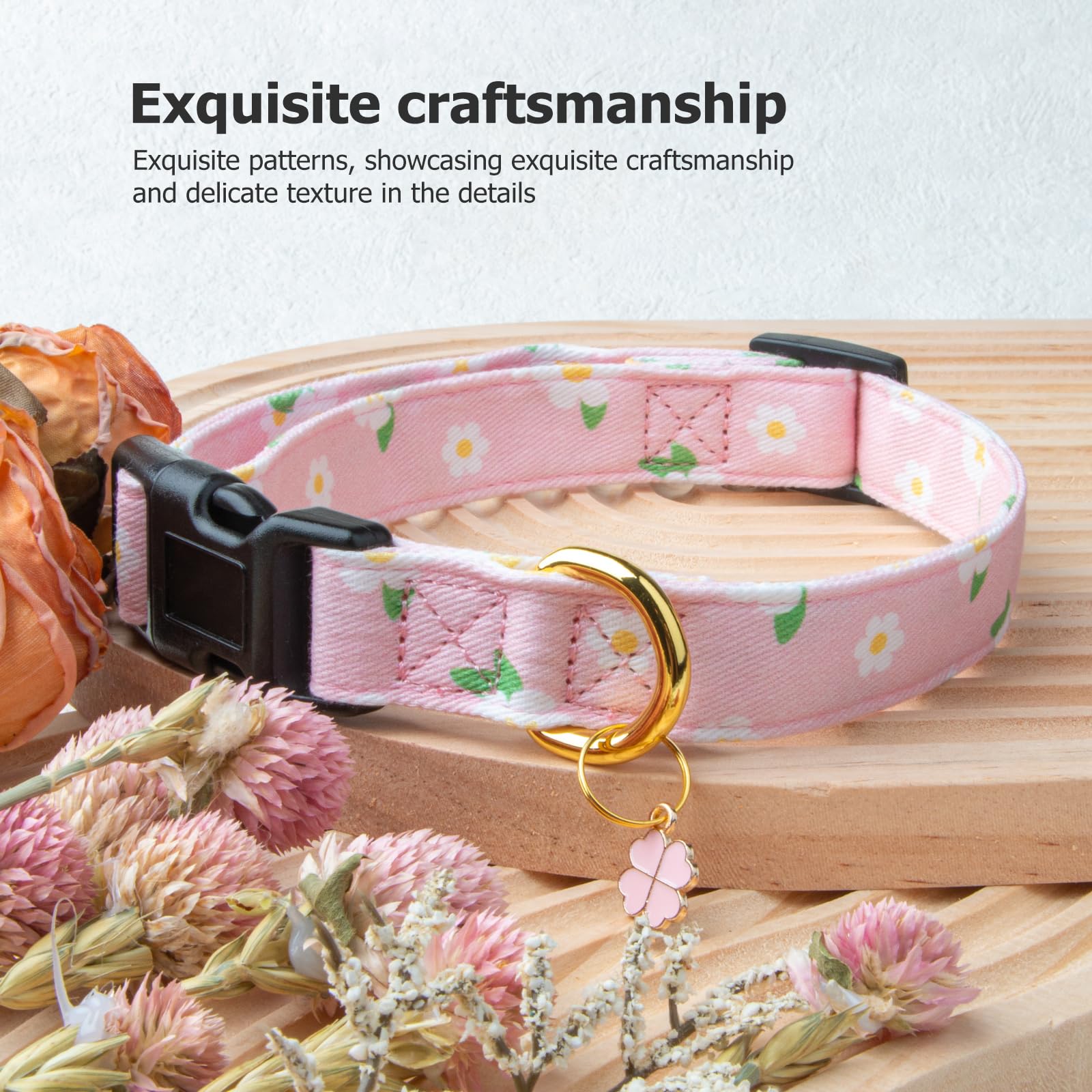 Cotton Handmade Dog Collar Cute And Distinctive Patterns Pink Flower With Pendant For Girl Boy Dogs Collars L