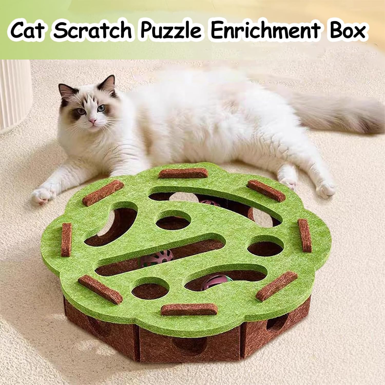 Cat Scratch Puzzle Enrichment Box, Cat Nail File Enrichment Box, Cats Nail File Scratcher, with Bell for Indoor Cats Scratching