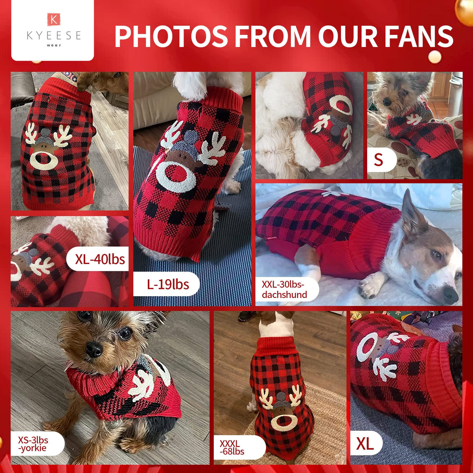 Kyeese Christmas Reindeer Dog Sweater For Medium Dogs With Leash Hole Dog Sweaters Red Buffalo Check Pet Sweater,Xxl