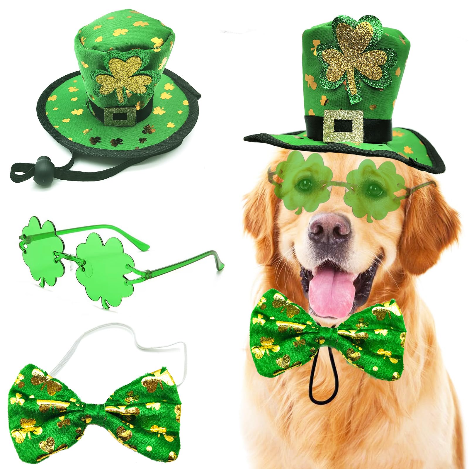 St Patrick'S Day Dog Costume 3 Pcs Irish Leprechaun Green Tall Hat Pet Shamrock Sunglasses Bow Tie Kit For Medium Large Dogs Sai