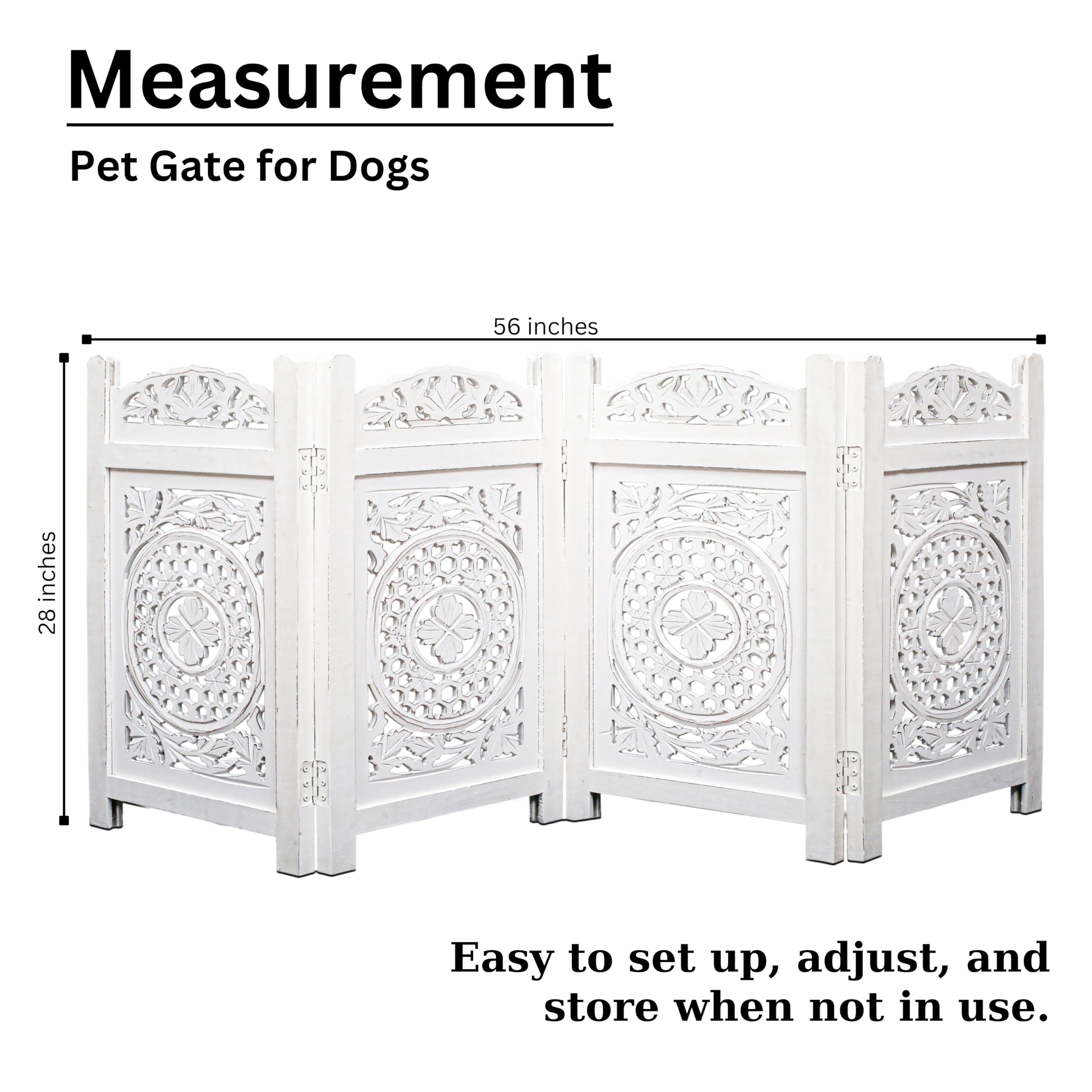 Dog Safety Gate - 4 Panels 56' Wx28 H- Hand Carved Solid Wood And Mdf Head Oval Mulsory Wooden Foldable - Free Standing Portabl