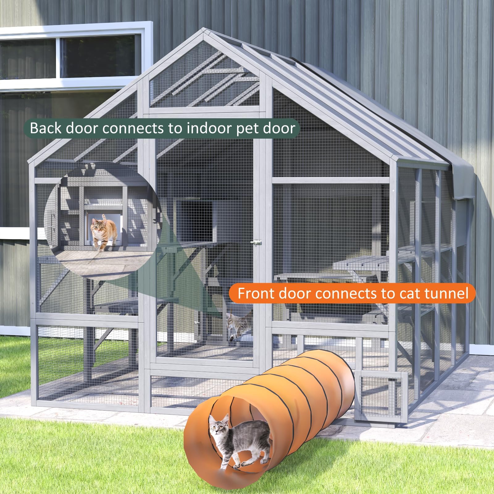 TIMHAKA Large Cat Catio Enclosure, Grey Wooden Cat House, 71 x 71 x 97 inch, 7 Platforms, 2 Resting Boxes, Waterproof & UV Proof Cover