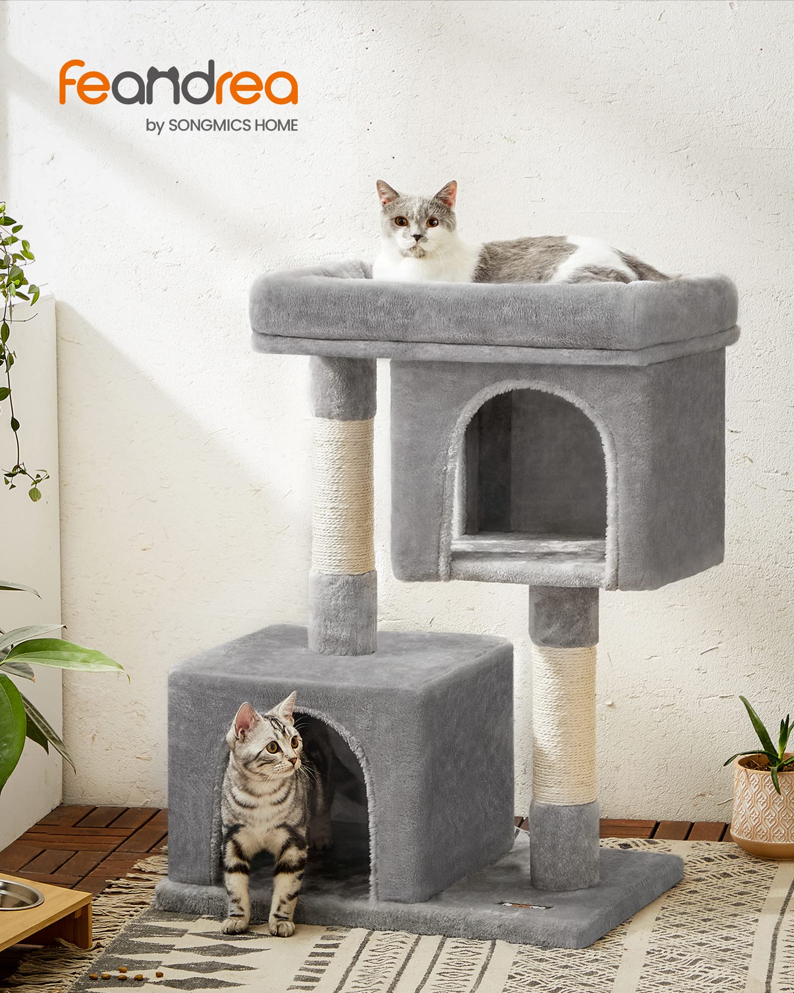 Feandrea Cat Tree, 33.1-Inch Cat Tower, Large for Cats up to 16 lb, Light Gray, 2 Cat Caves, Scratching Post, Model UPCT61