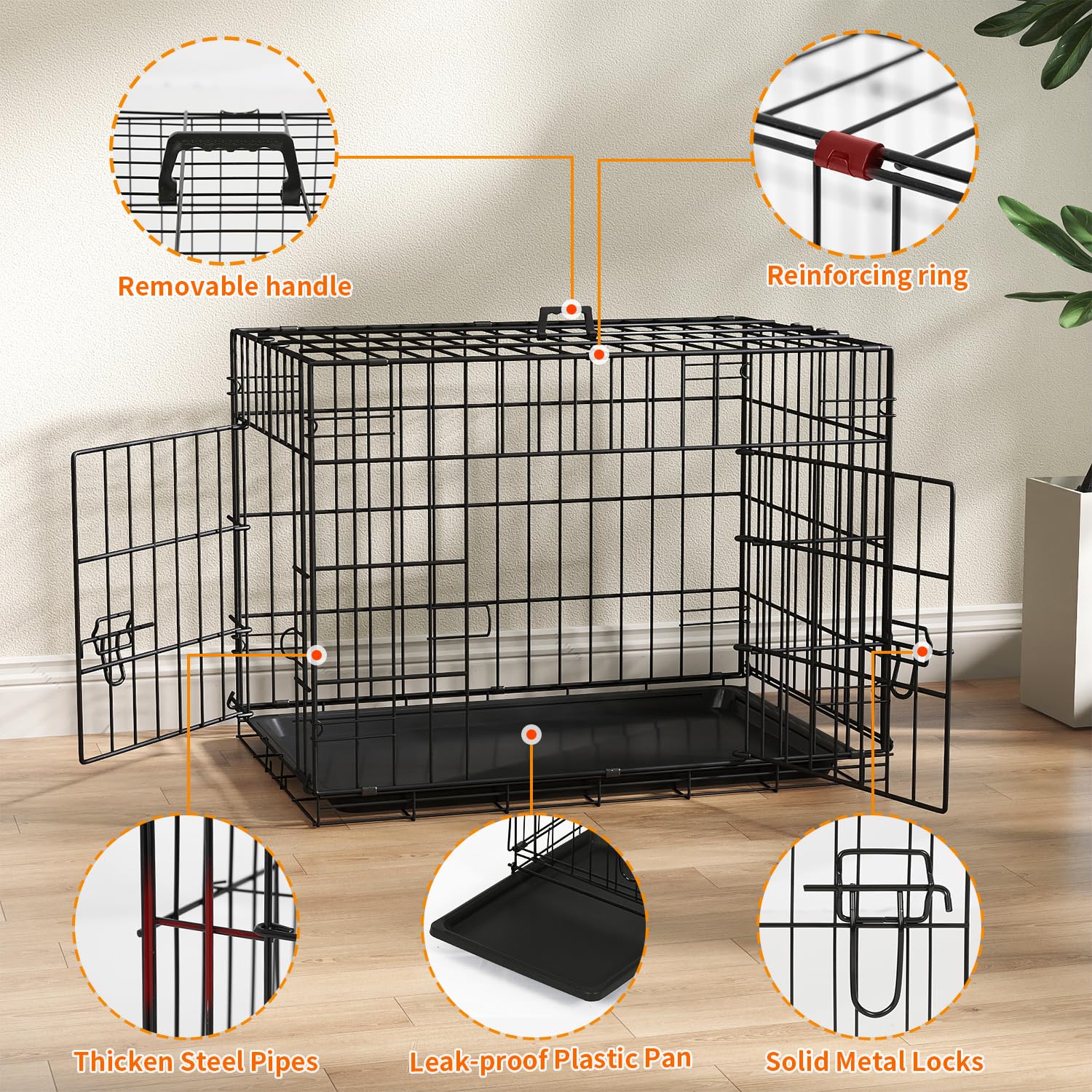 FDW Dog Crate 24-Inch Dog Cage Single Door Foldable Metal Kennel with Leakproof Tray Foldable Design Indoor Outdoor Use for Smal
