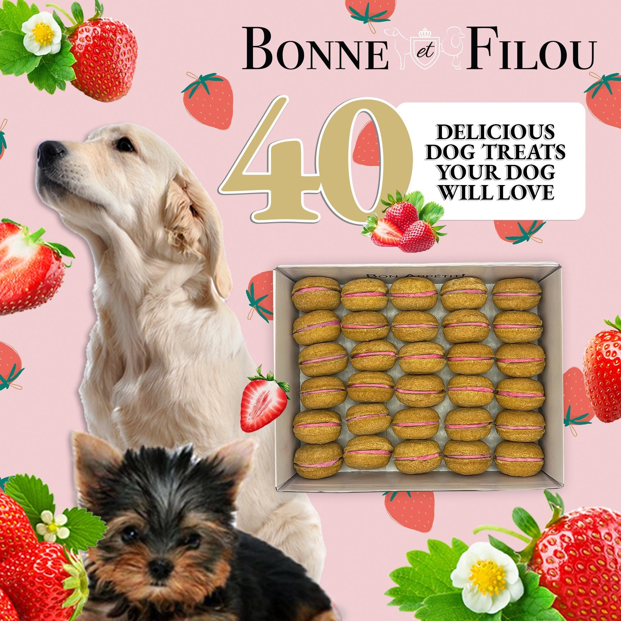 Bonne et Filou Dog Treats Strawberry Cupcakes - Gourmet Macaron Cakes, 40 Count Bulk Pack - Healthy & Delicious Human Grade Snac