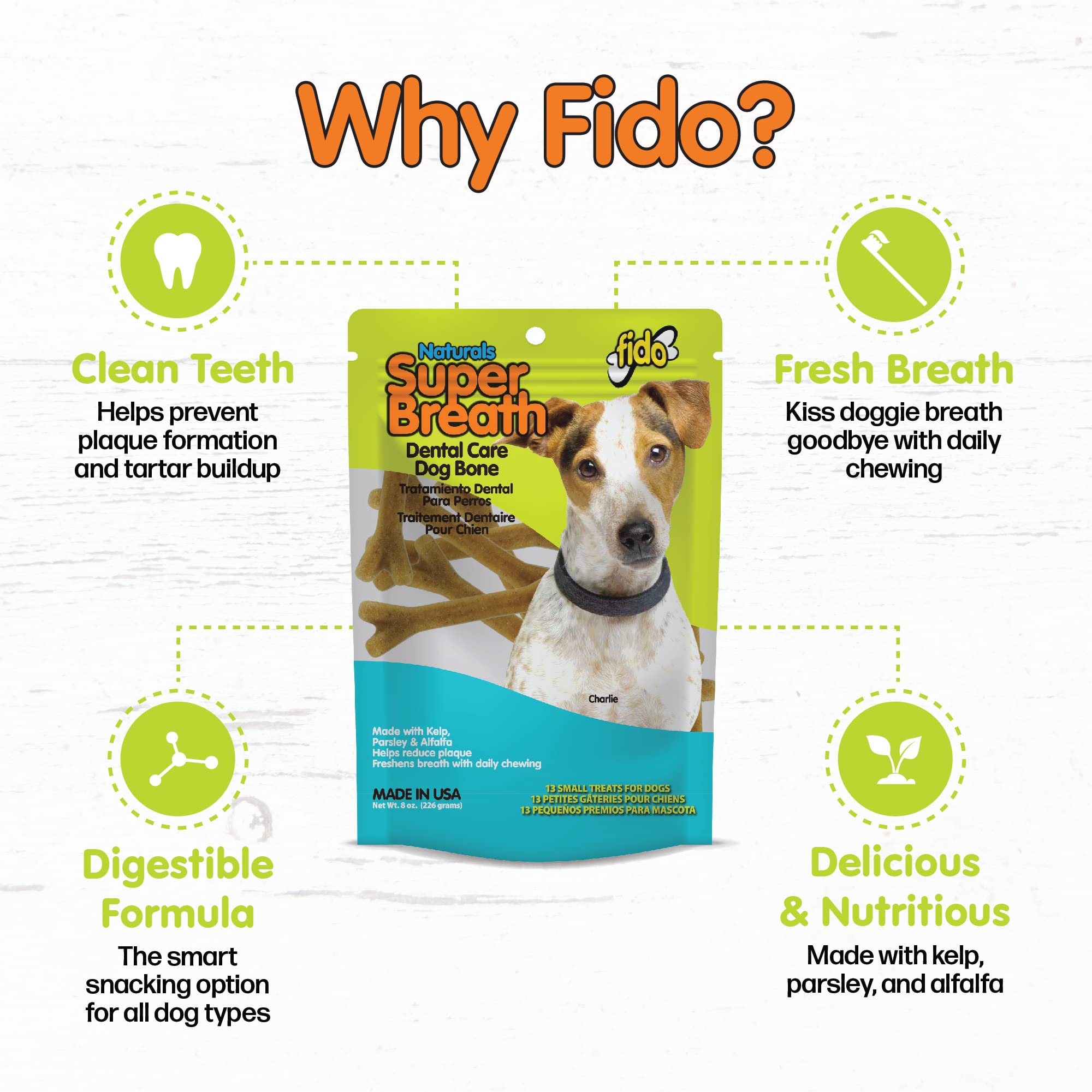Fido Super Breath Dental Care Bones for Dogs - 4 Count Large Dog Dental Treats for Large Dogs (Made in USA) - Tasty Dog Dental C