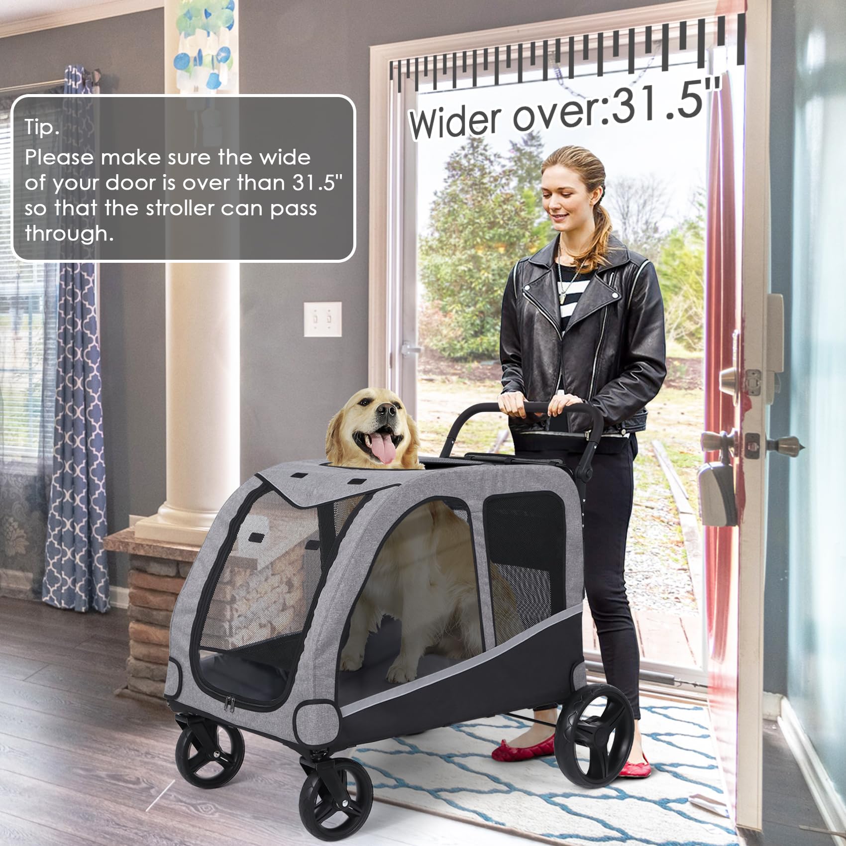 Saudism Large Dog Stroller - Foldable, Adjustable Handle, Gray - Supports Up to 130 lbs, for Medium & Large Dogs