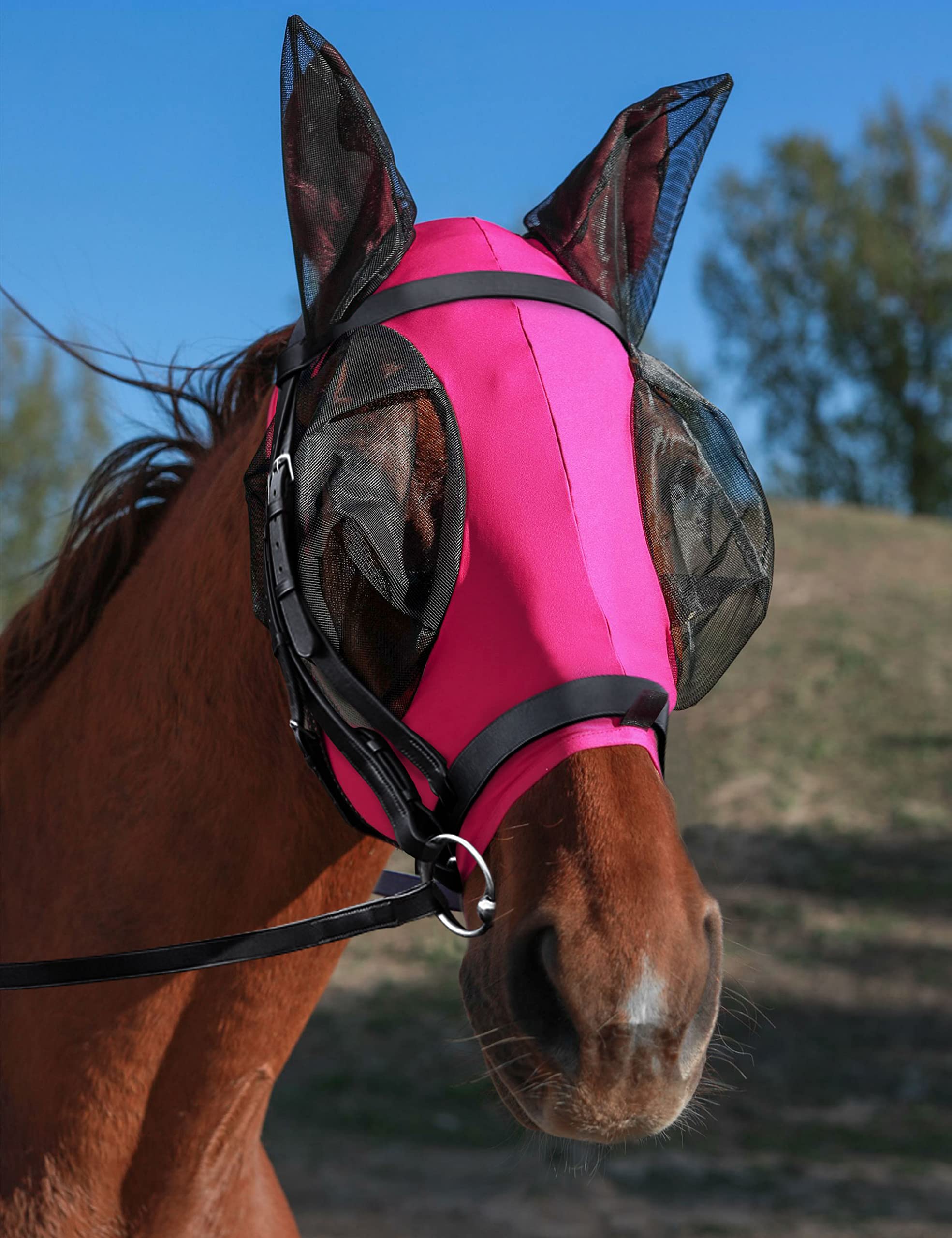 HackFond Horse Fly Mask with Ears, UV Protection Mask for Horses, Elasticity Mask with Big Mesh Eye Covers, Snug Fitting Comfort
