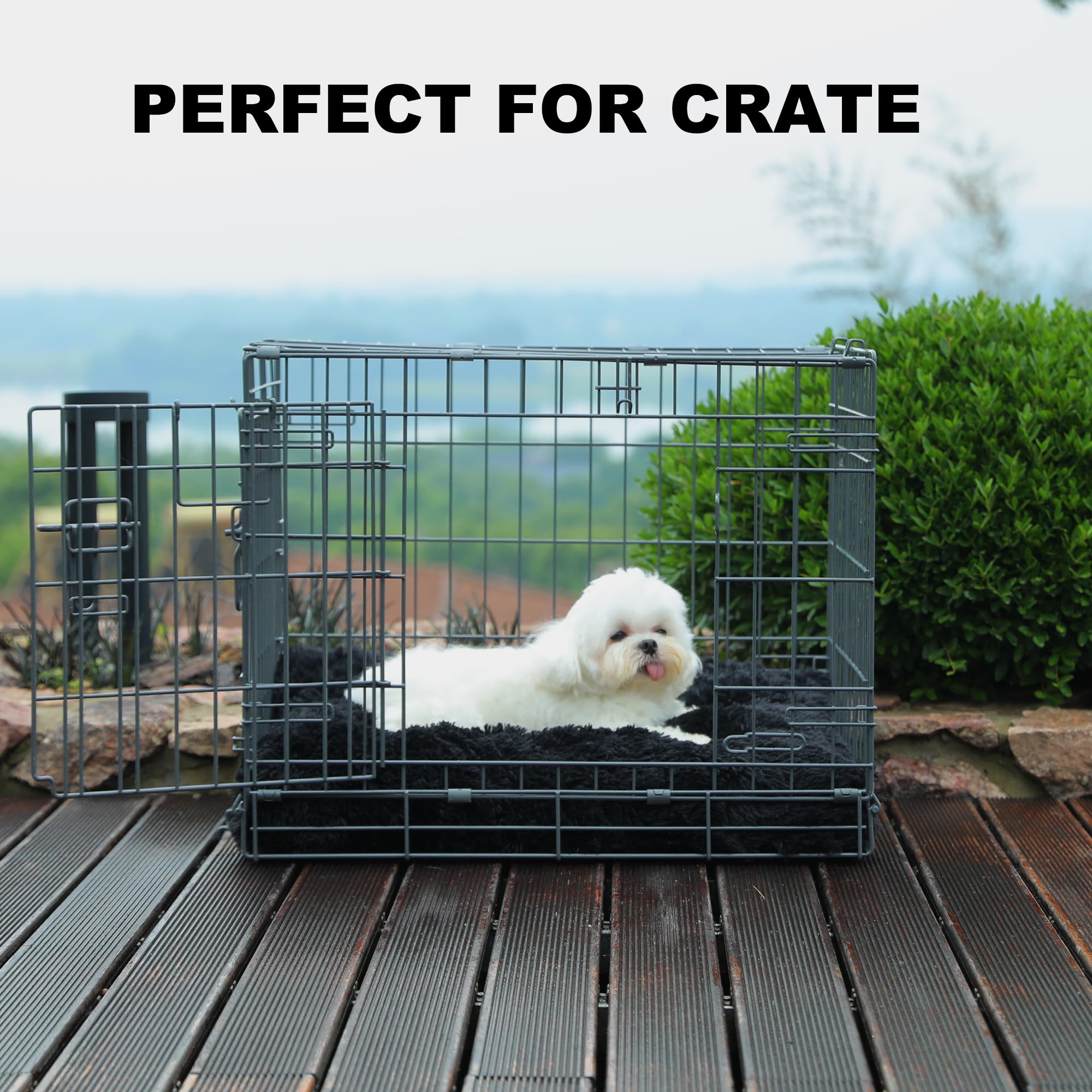 Bedfolks Plush Dog Crate Pad, Washable Dog Kennel Bed, Faux Fur, 17''X12'', Black