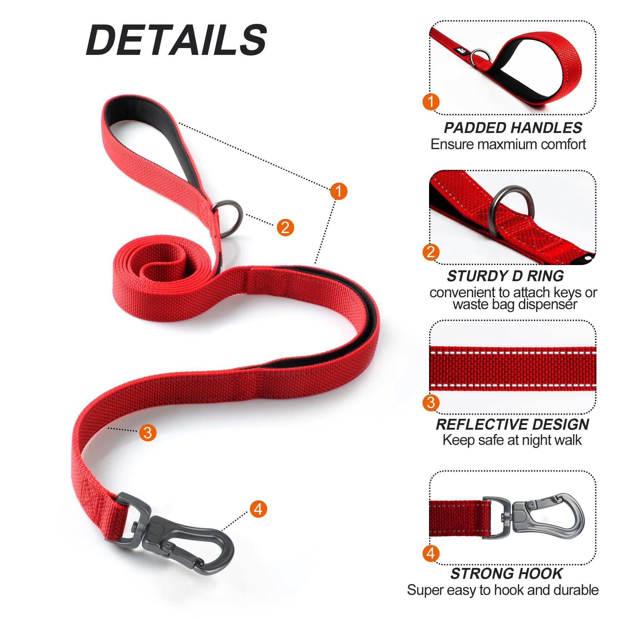 Twoear 6Ft 1In Strong Red Dog Leash With 2 Padded Handles, Traffic Handle Extra Control, Comfortable Soft Dual Handle, Auto Lock
